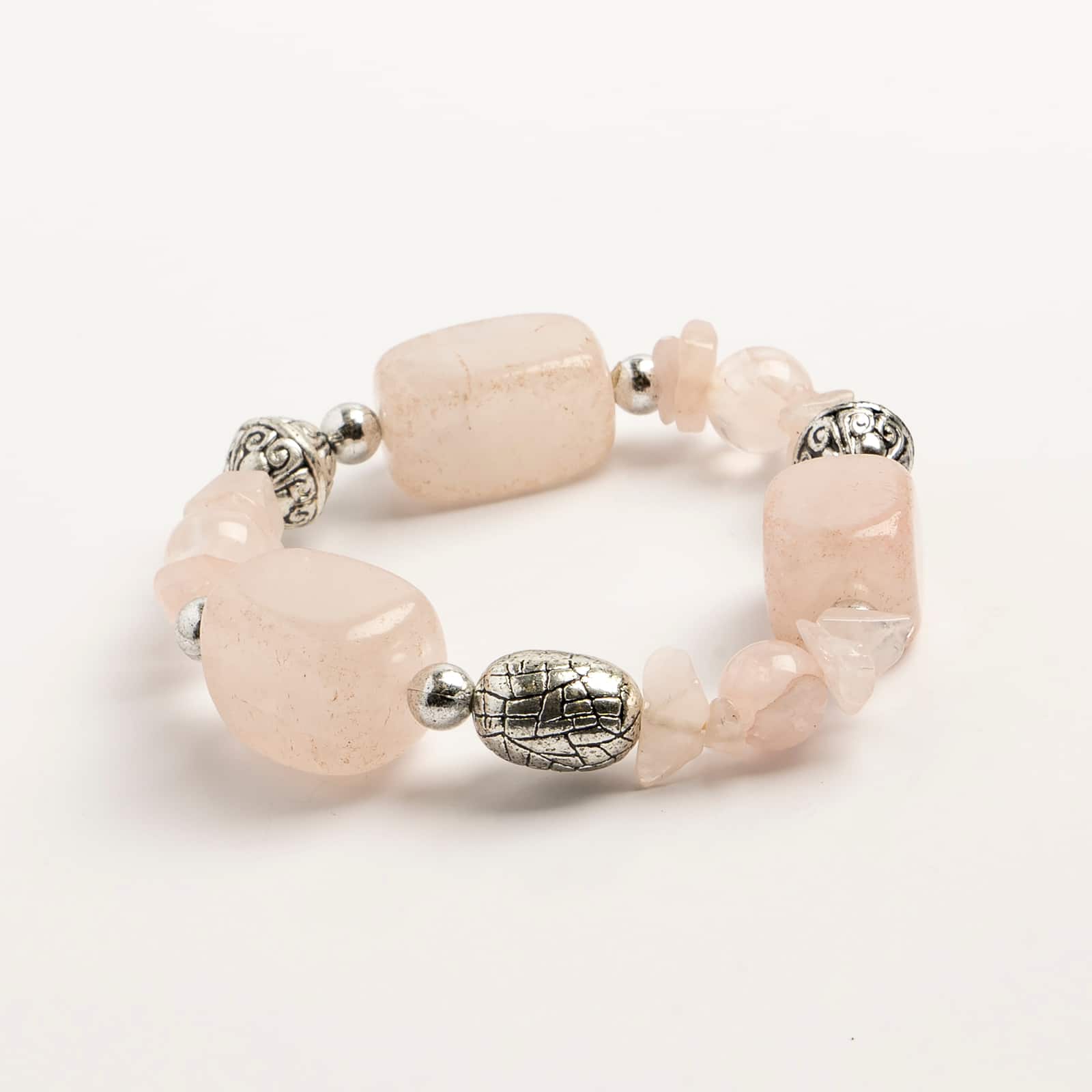 John Bead Rose Quartz Stretch Bracelet with Silver Filigree Beads