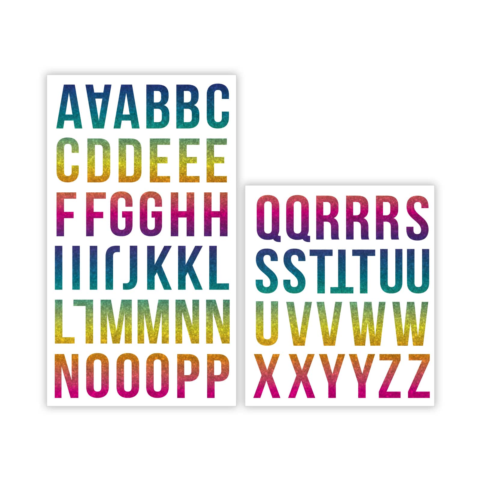 12 Packs: 62 ct. (744 total) Iron-On Holographic Rainbow Letters by Make Market&#xAE;