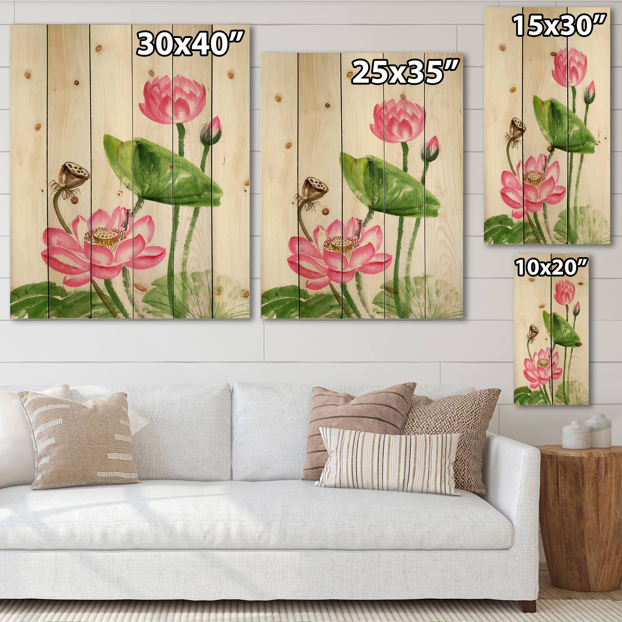 Designart - Vintage Pink Lotuses In The Pond III - Traditional Print on Natural Pine Wood