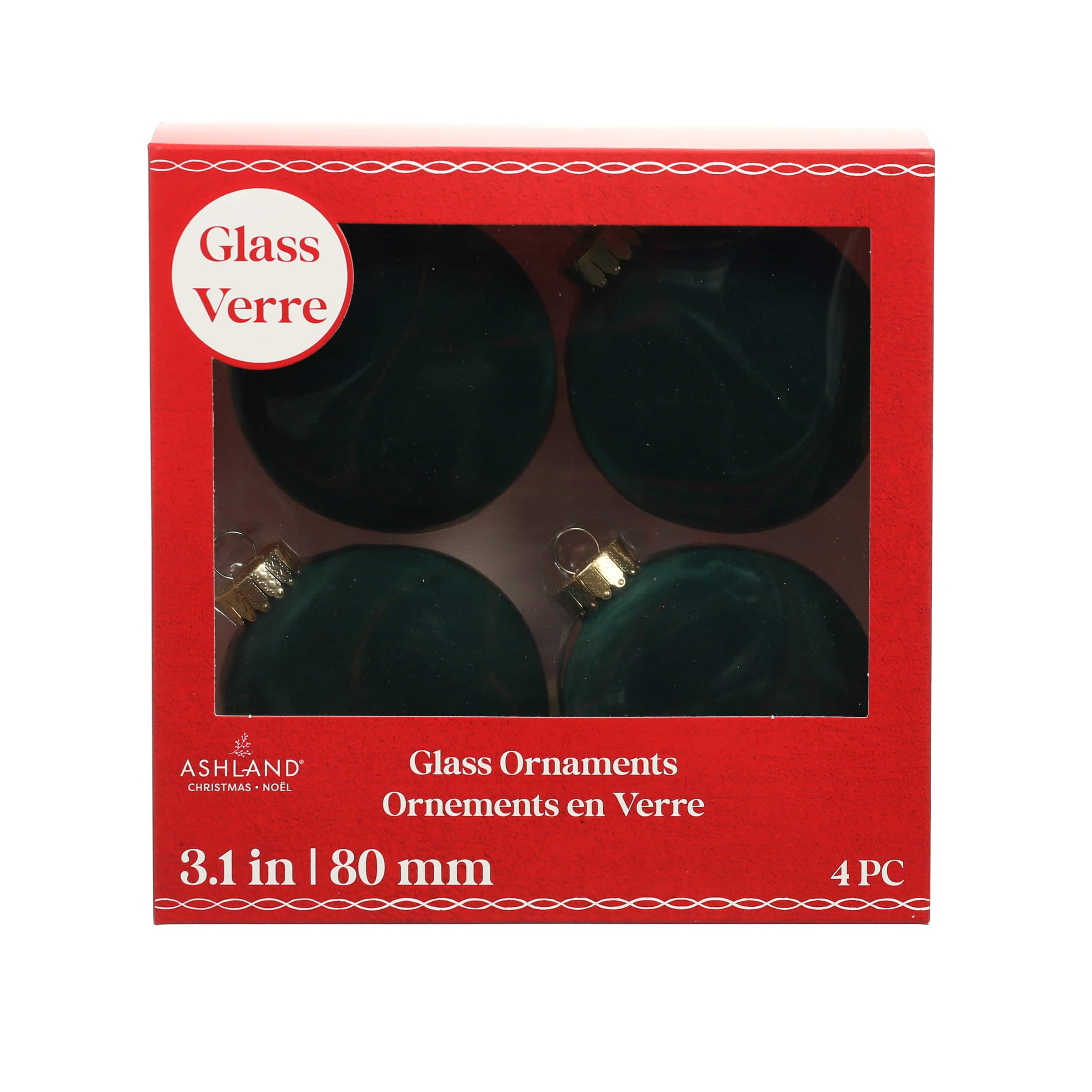 4 Pack 3.25&#x22; Dark Green Flocked Glass Ball Ornament by Ashland&#xAE;