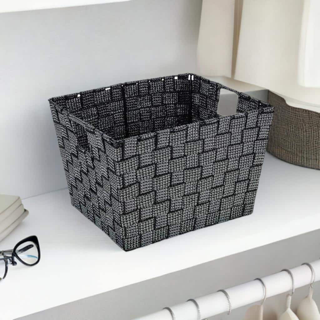 Simplify Medium Black/Silver Lurex Striped Woven Storage Bin