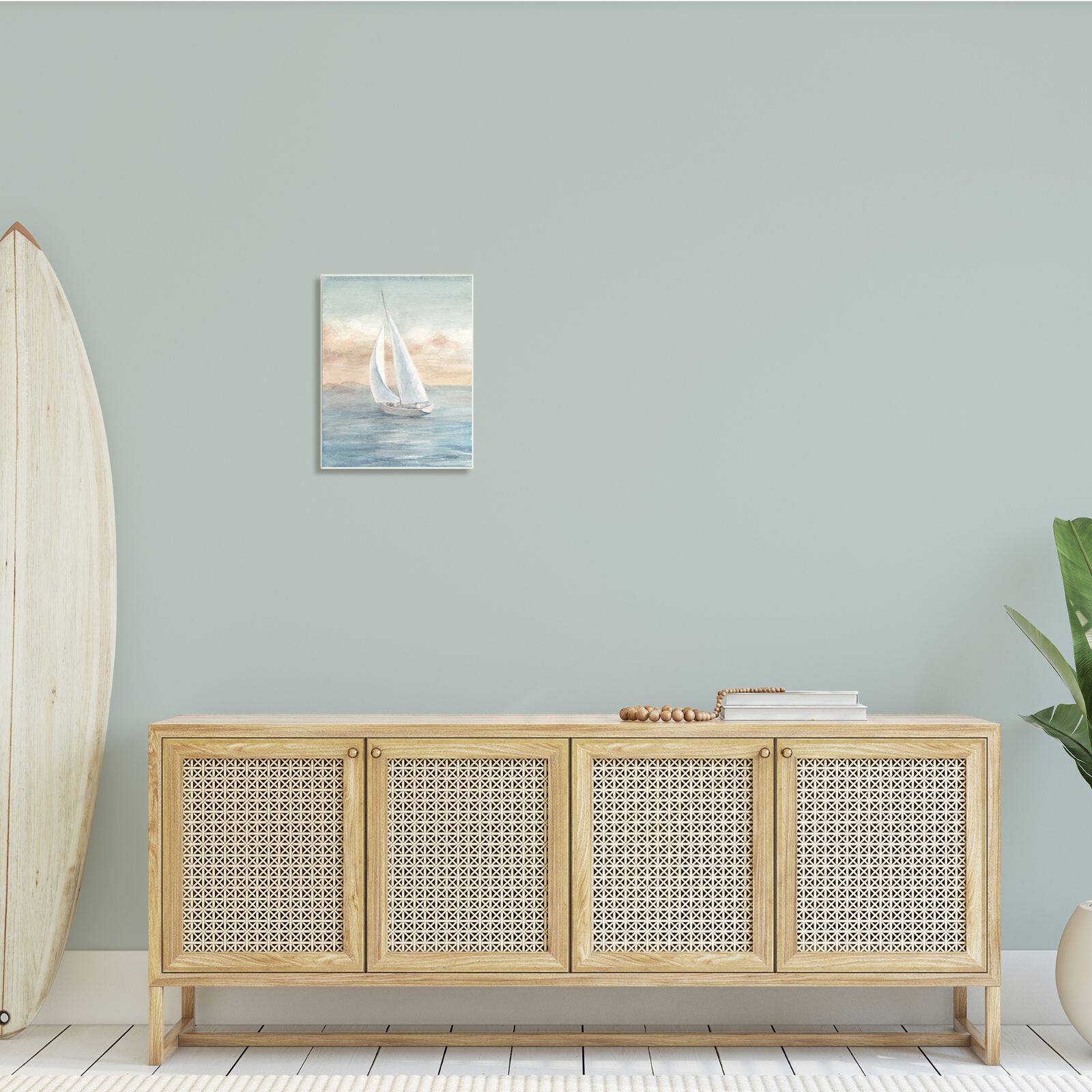 Stupell Industries Morning Sunrise Sailboat Soft Pink Contemporary Ocean Sky Wall Plaque