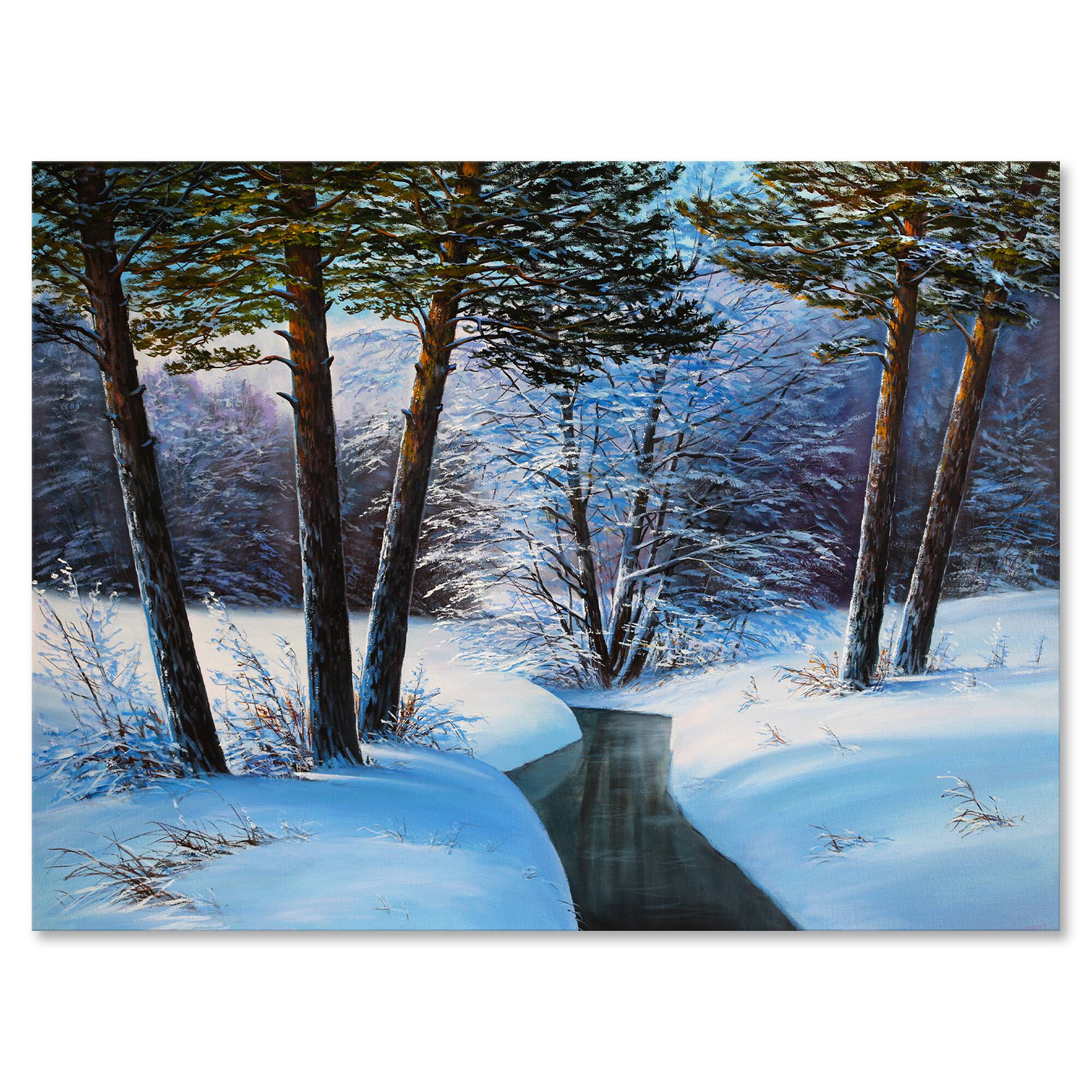 Designart Christmas Forest with River &#x26; Trees III  Canvas Wall Art