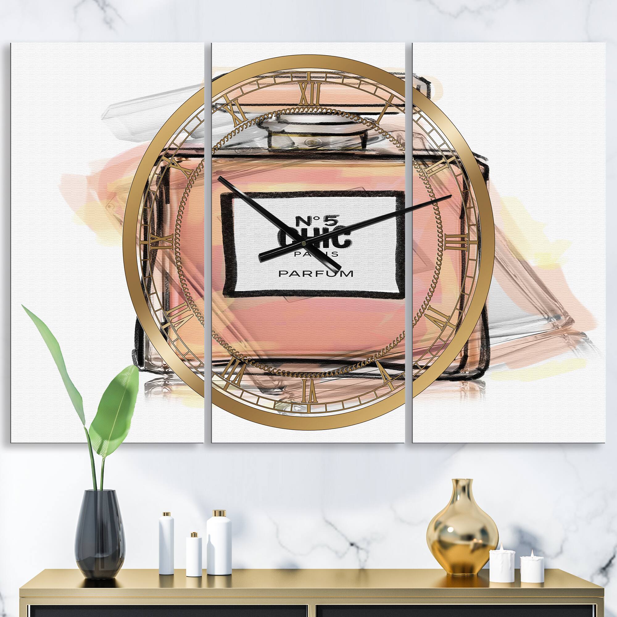 Designart Chic Nr 5 Paris Parfum V Oversized Fashion Multipanel Wall Clock