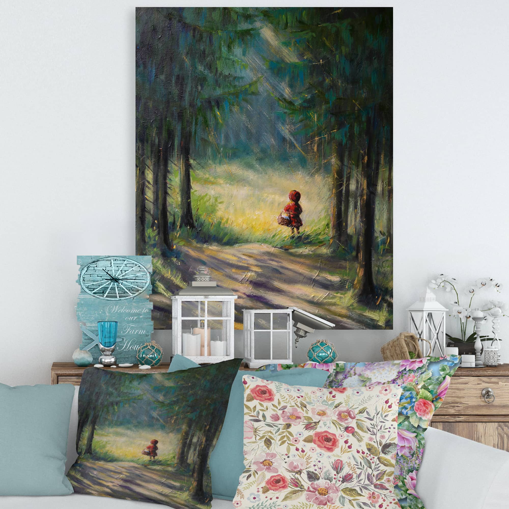 Designart - Little Red Riding Hood In The Woods - Traditional Canvas Wall Art Print