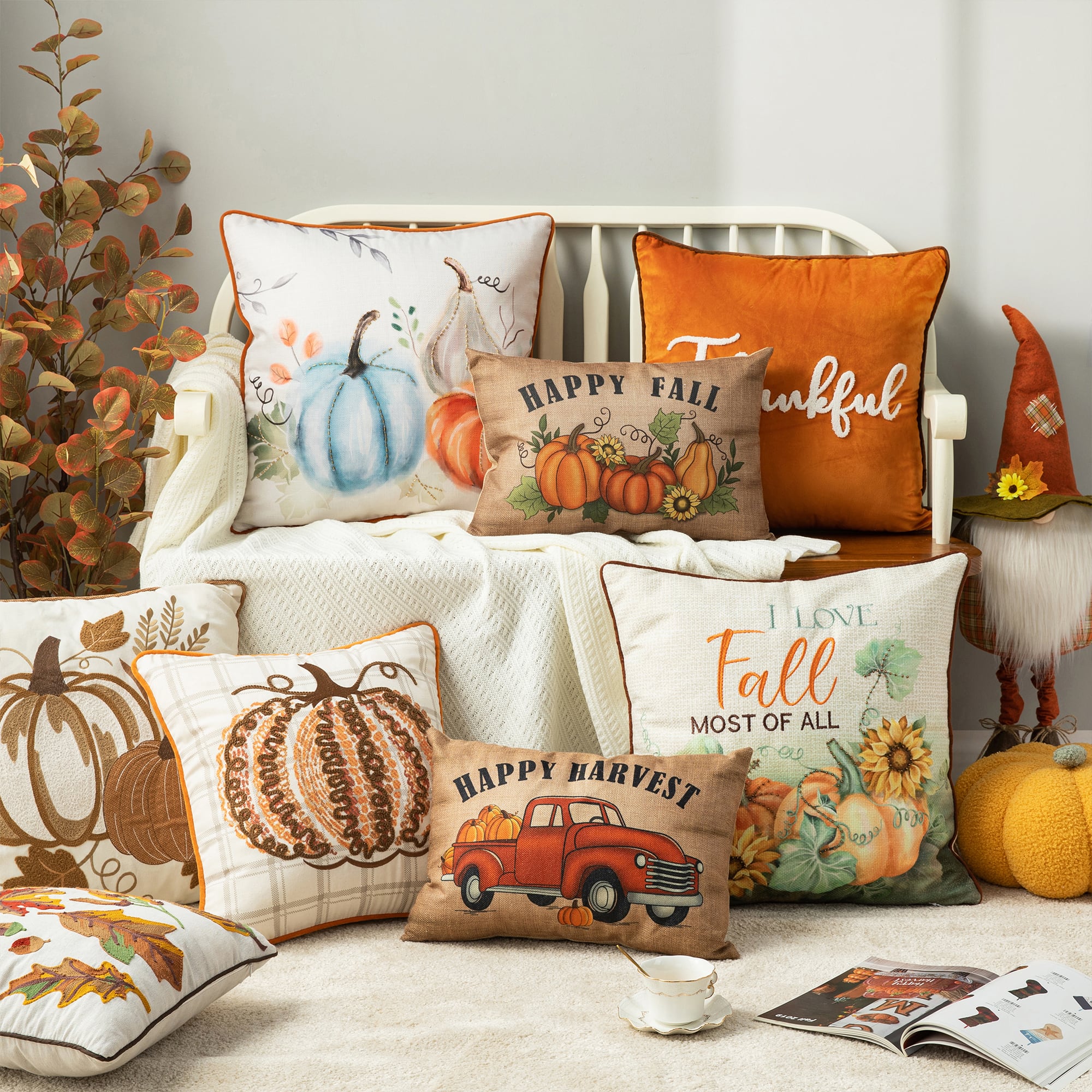 Glitzhome&#xAE; Faux Burlap Fall Pumpkin Pillow