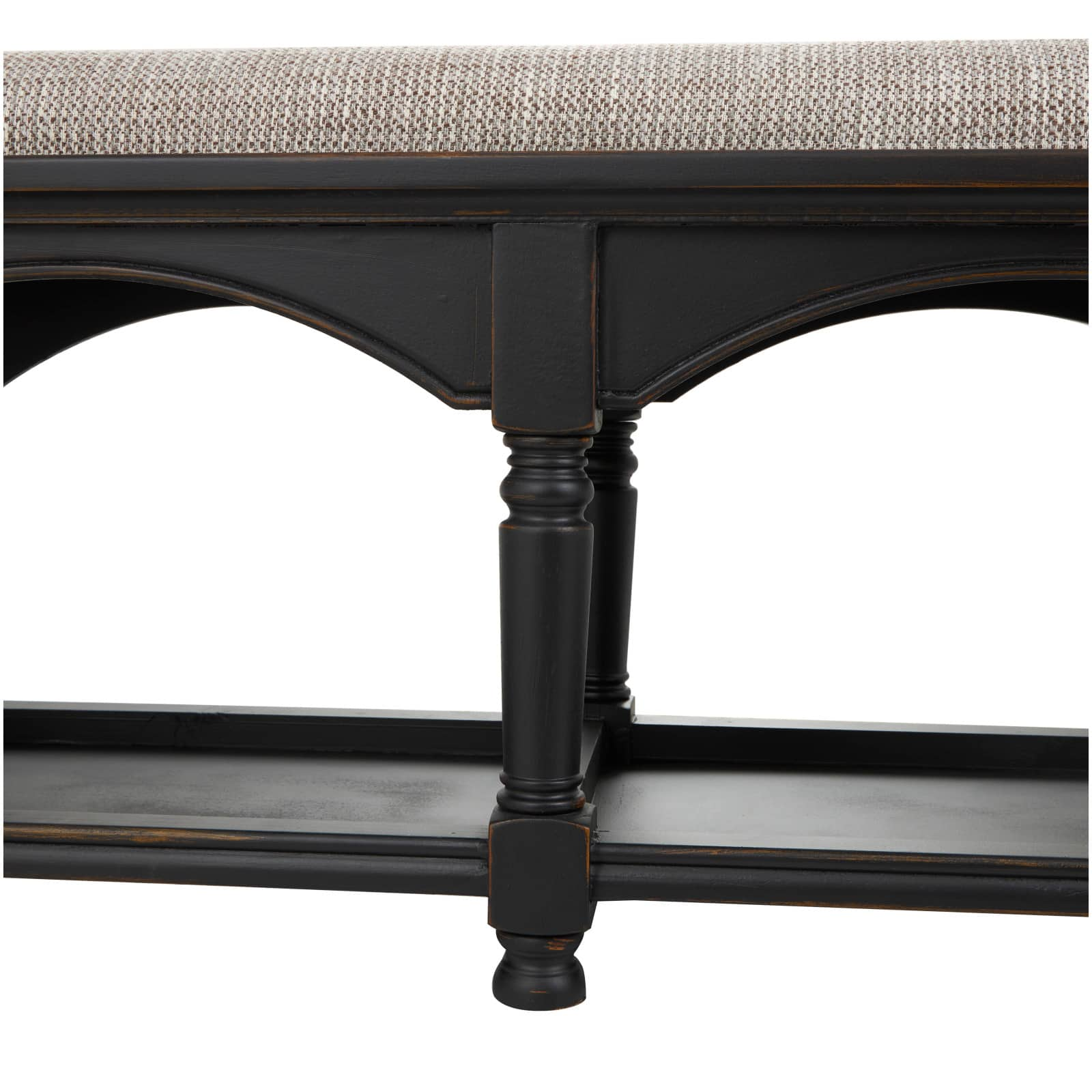 59&#x22; Black &#x26; Beige Fabric Arched Storage Bench with Traditional Turned Legs