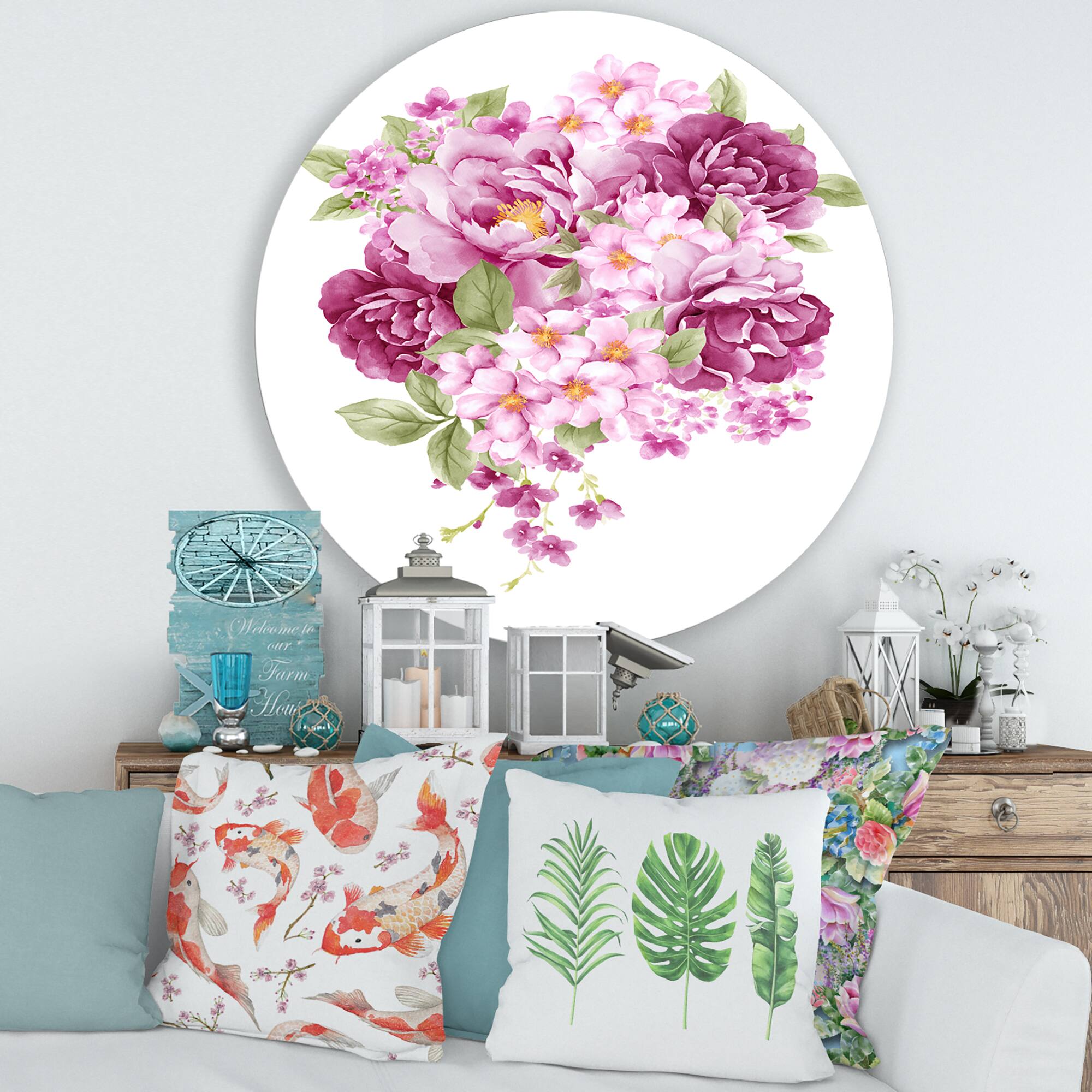 Designart - Pink Retro Flowers - Traditional Metal Circle Wall Art