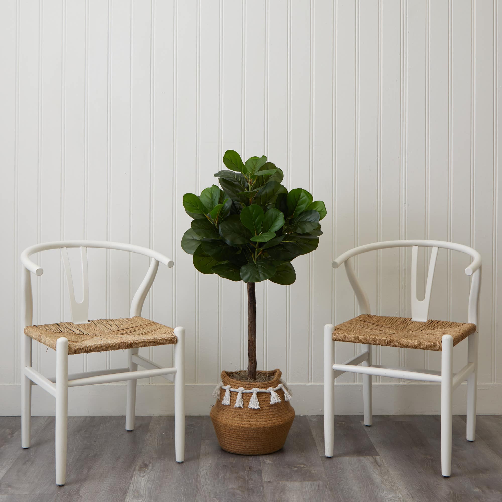 4ft. Artificial Fiddle Leaf Fig Tree with Handmade Jute & Cotton Basket with Tassels