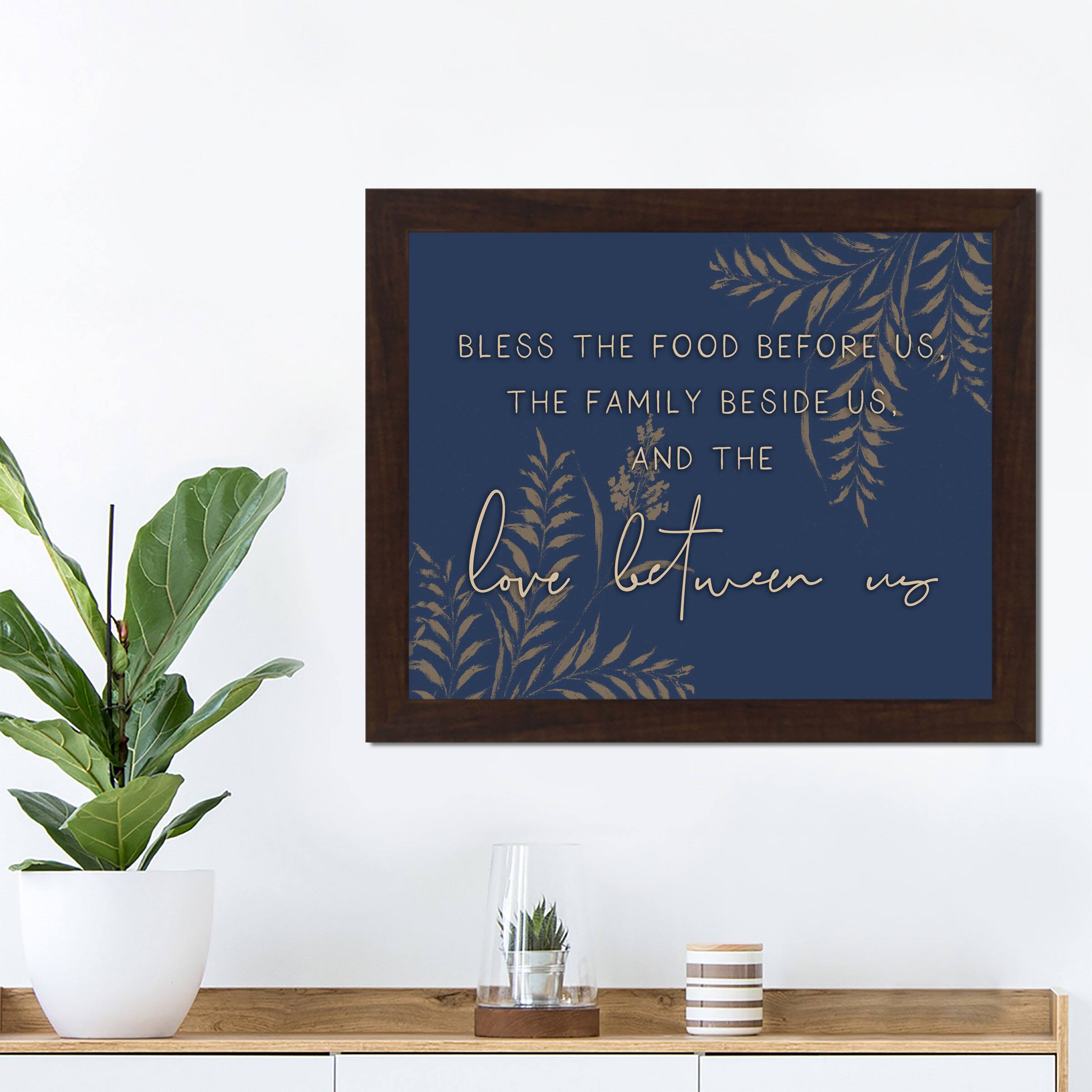 Bless Family Food Love Walnut Framed Print Under Plexiglass