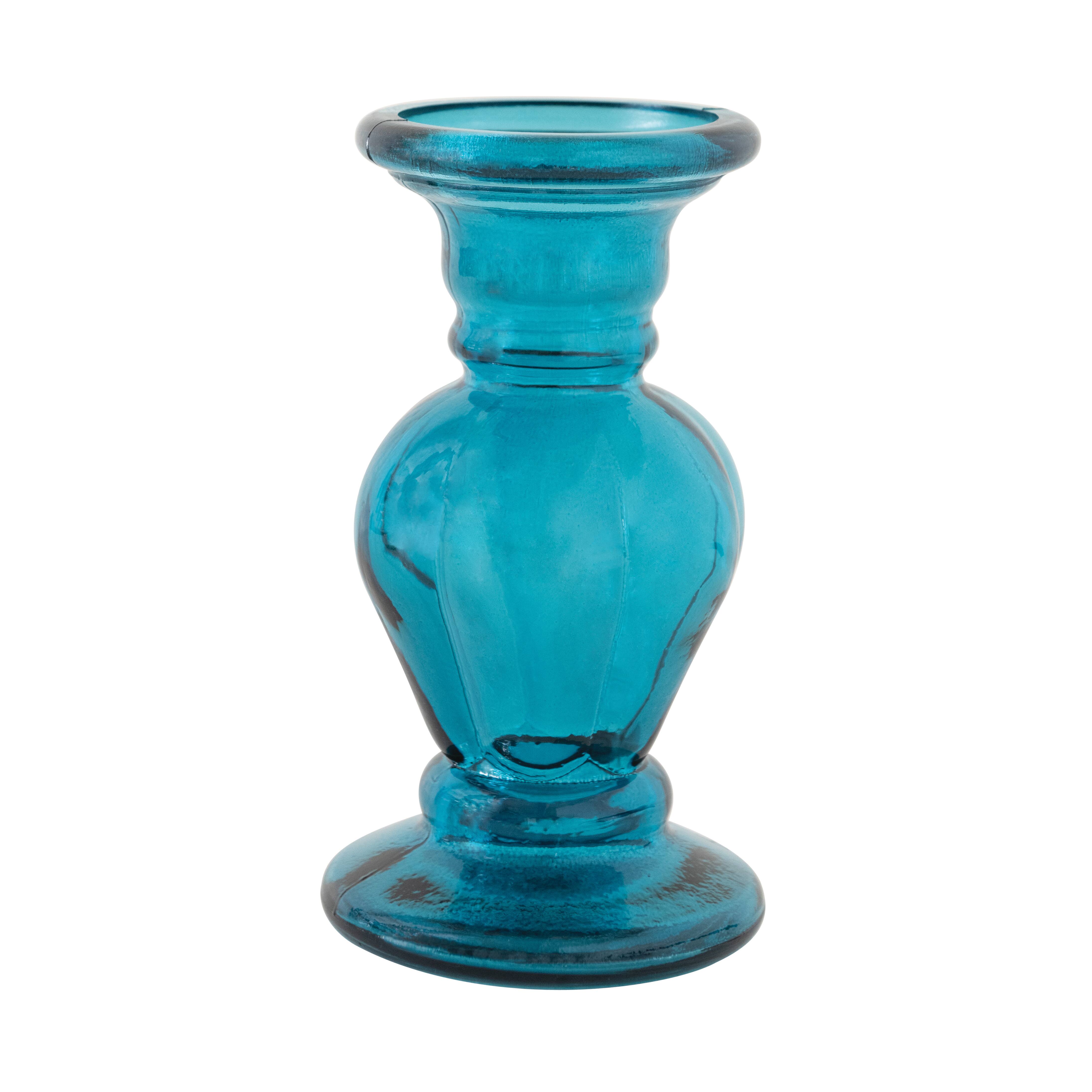 8" Aqua Blue Recycled Glass Pillar Candle Holder