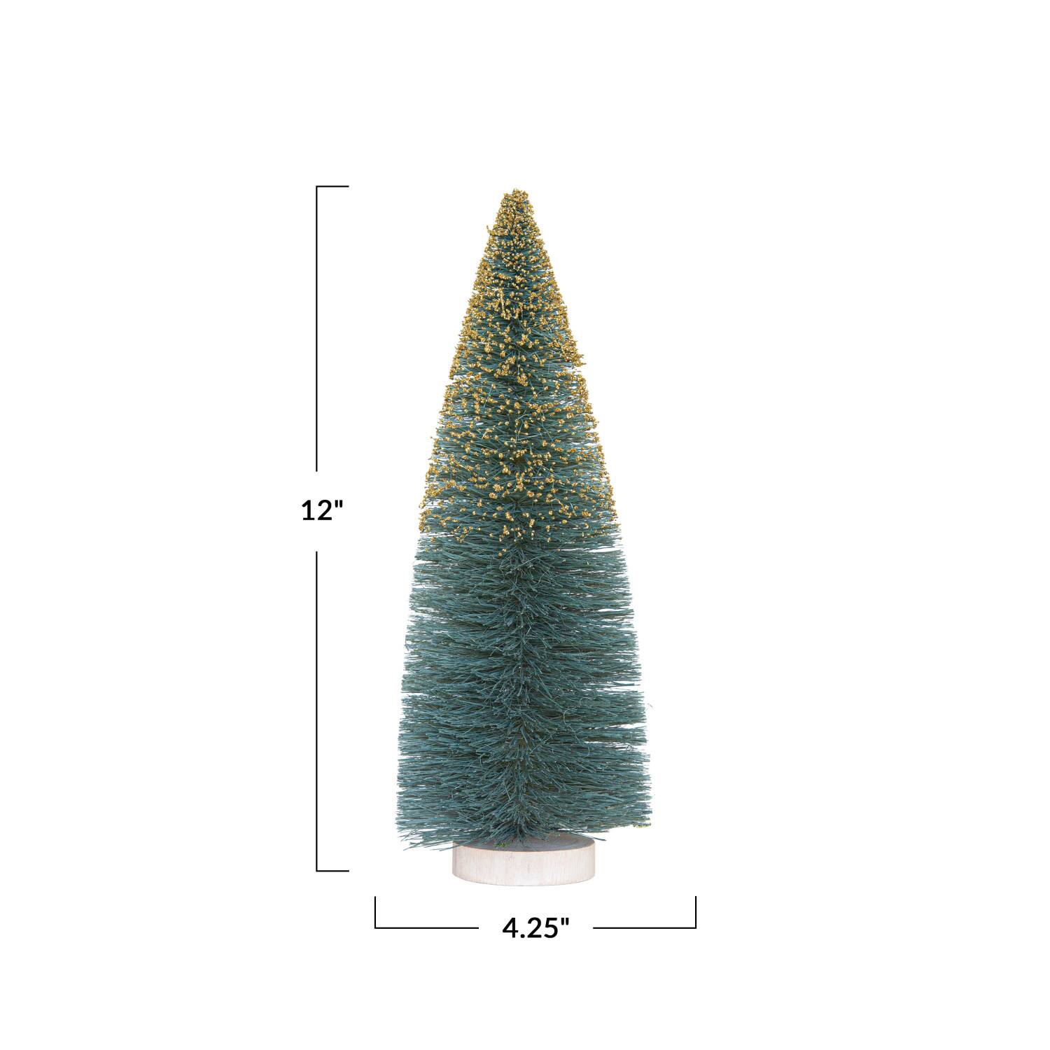 Hello Honey&#xAE; 12&#x22; Green &#x26; Gold Glitter Sisal Bottle Brush Tree with Wood Base