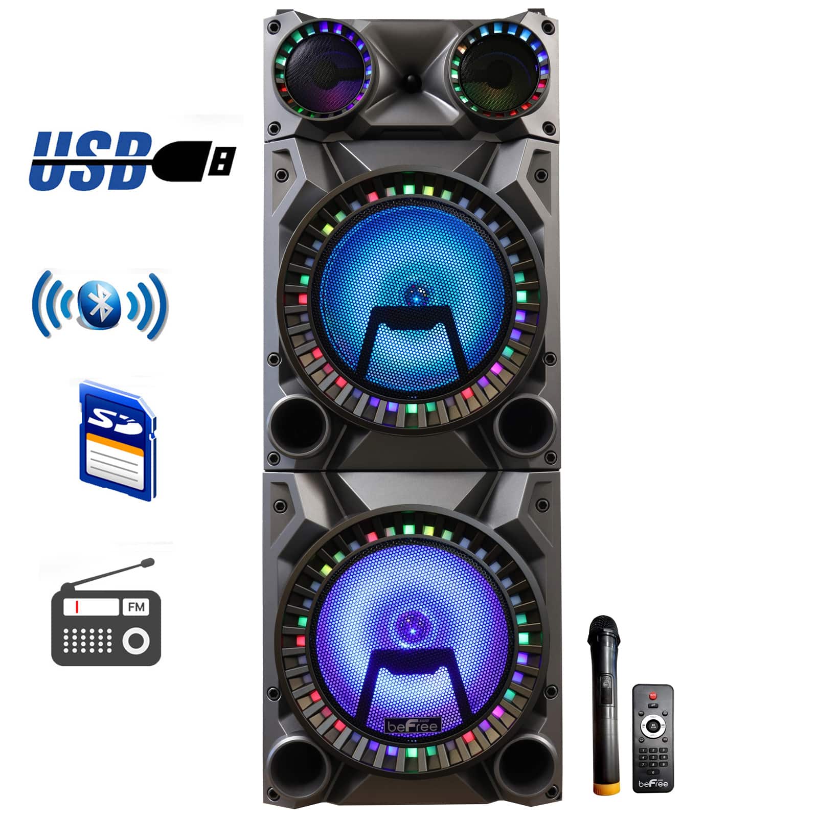 beFree Sound Rechargeable Bluetooth 12&#x22; Double Subwoofer Portable Party Speaker With Dual Layer Reactive Party Lights