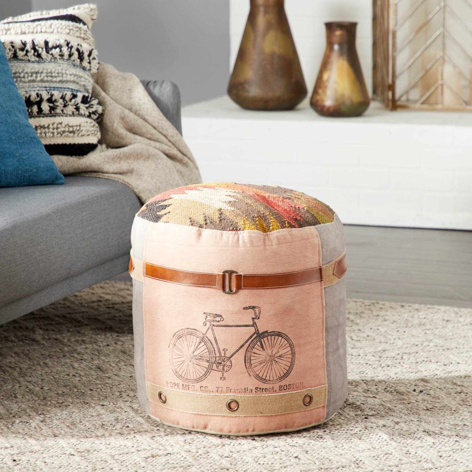 Multi Colored Cotton and Leather Bohemian Pouf, 19&#x22; x 17&#x22; x 17&#x22;