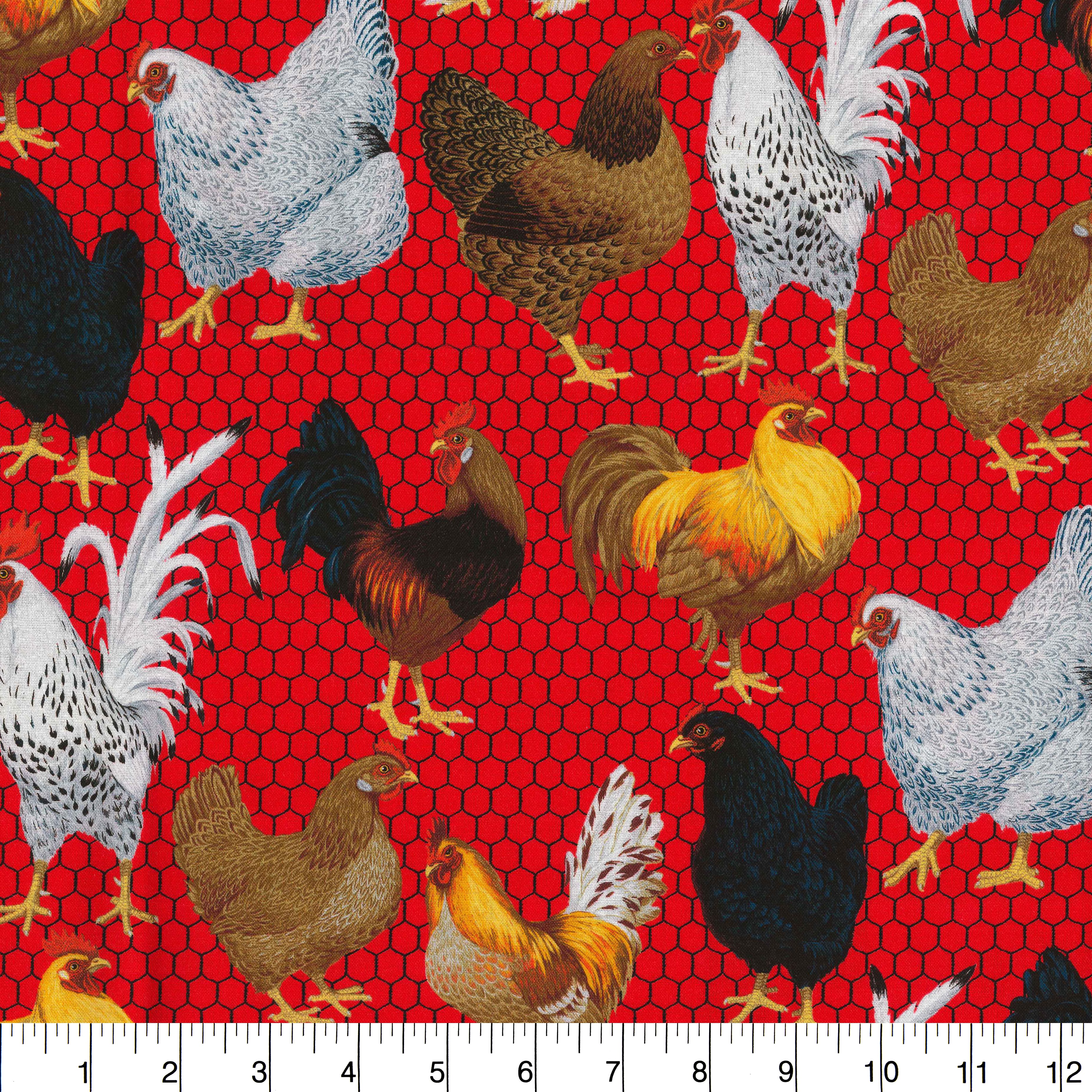 Fabric Traditions Red Chickens Cotton Fabric
