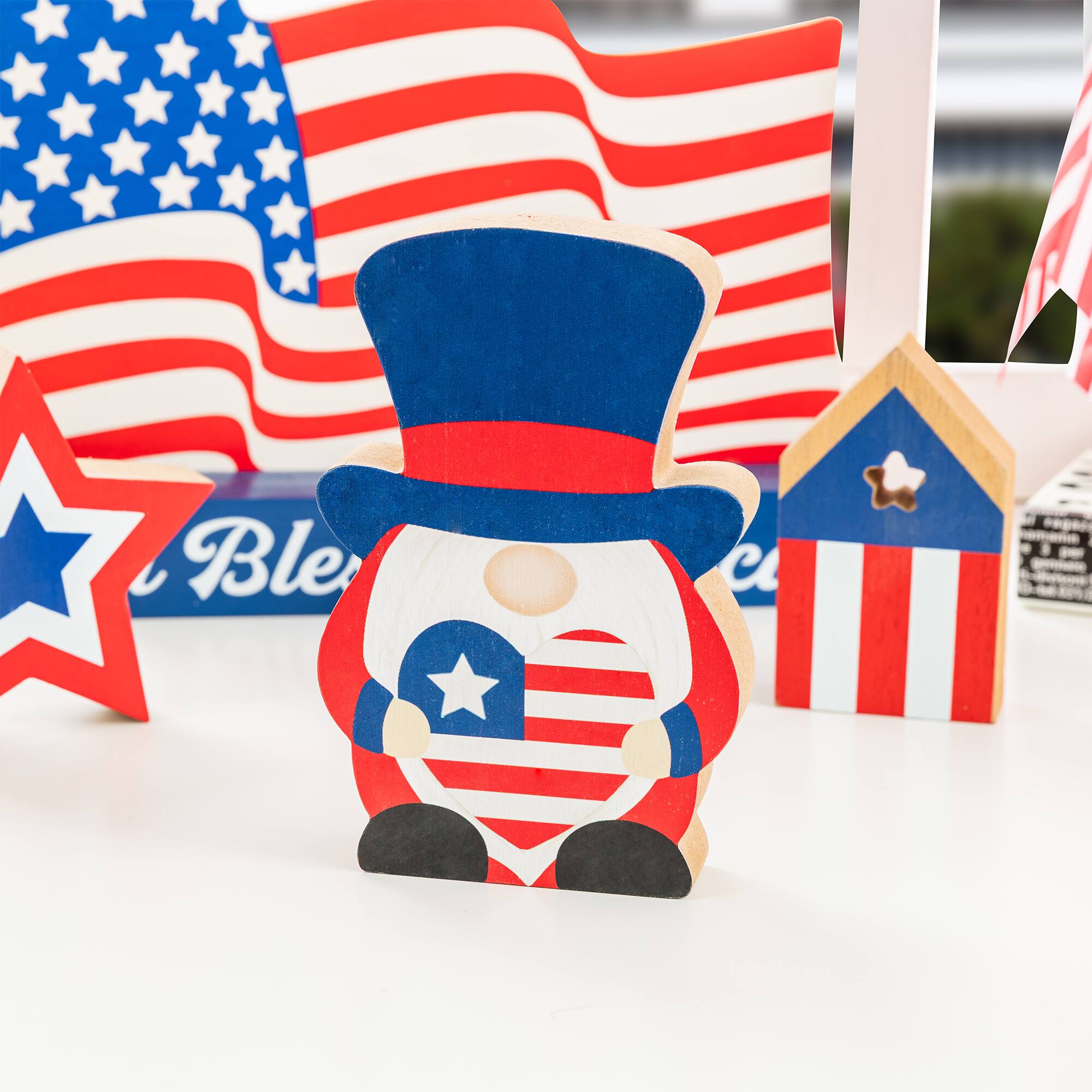 Glitzhome® 11.75" Patriotic Americana Wooden Block Table Decor