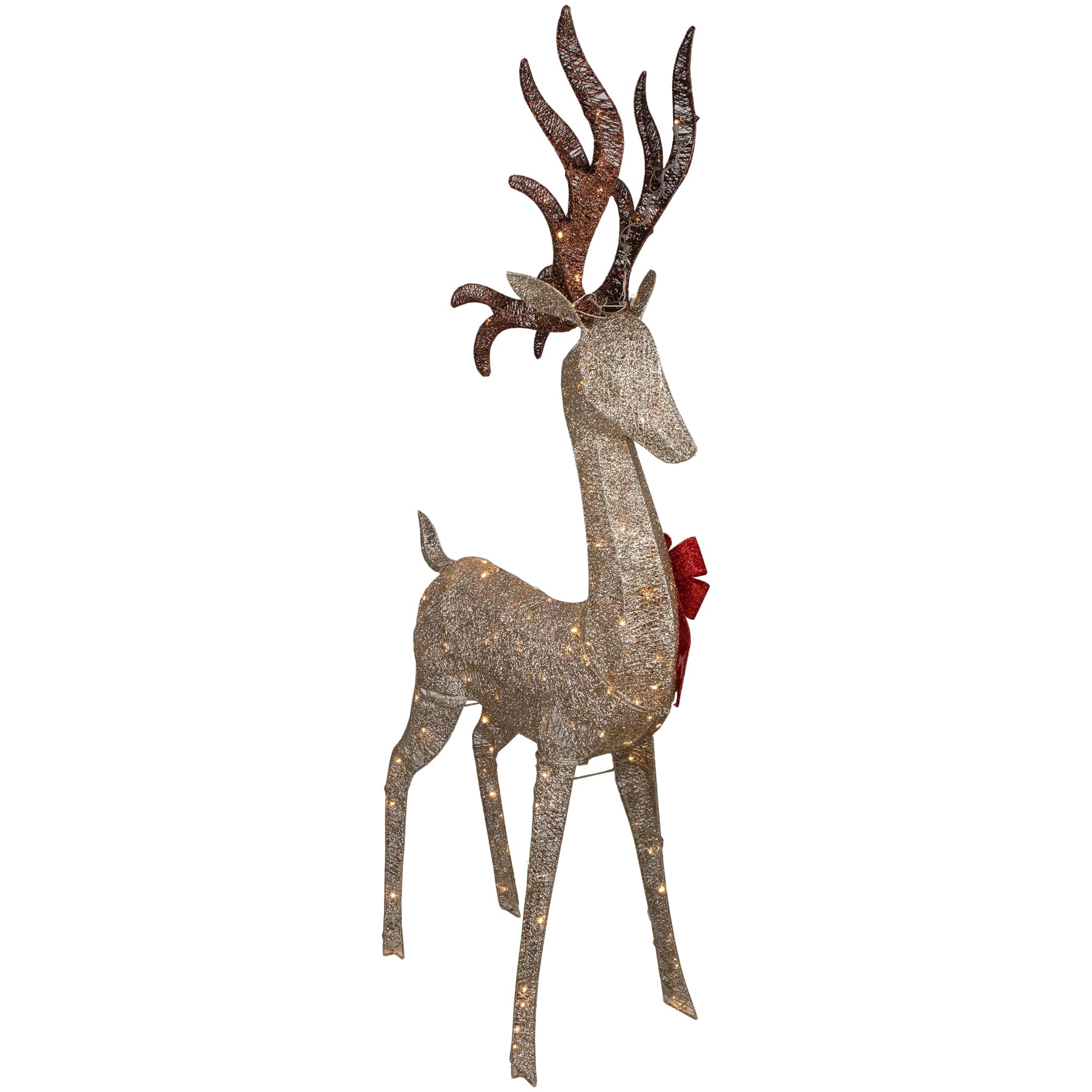 74" LED Lighted Champagne Deer with Red Bow Outdoor Christmas Decoration