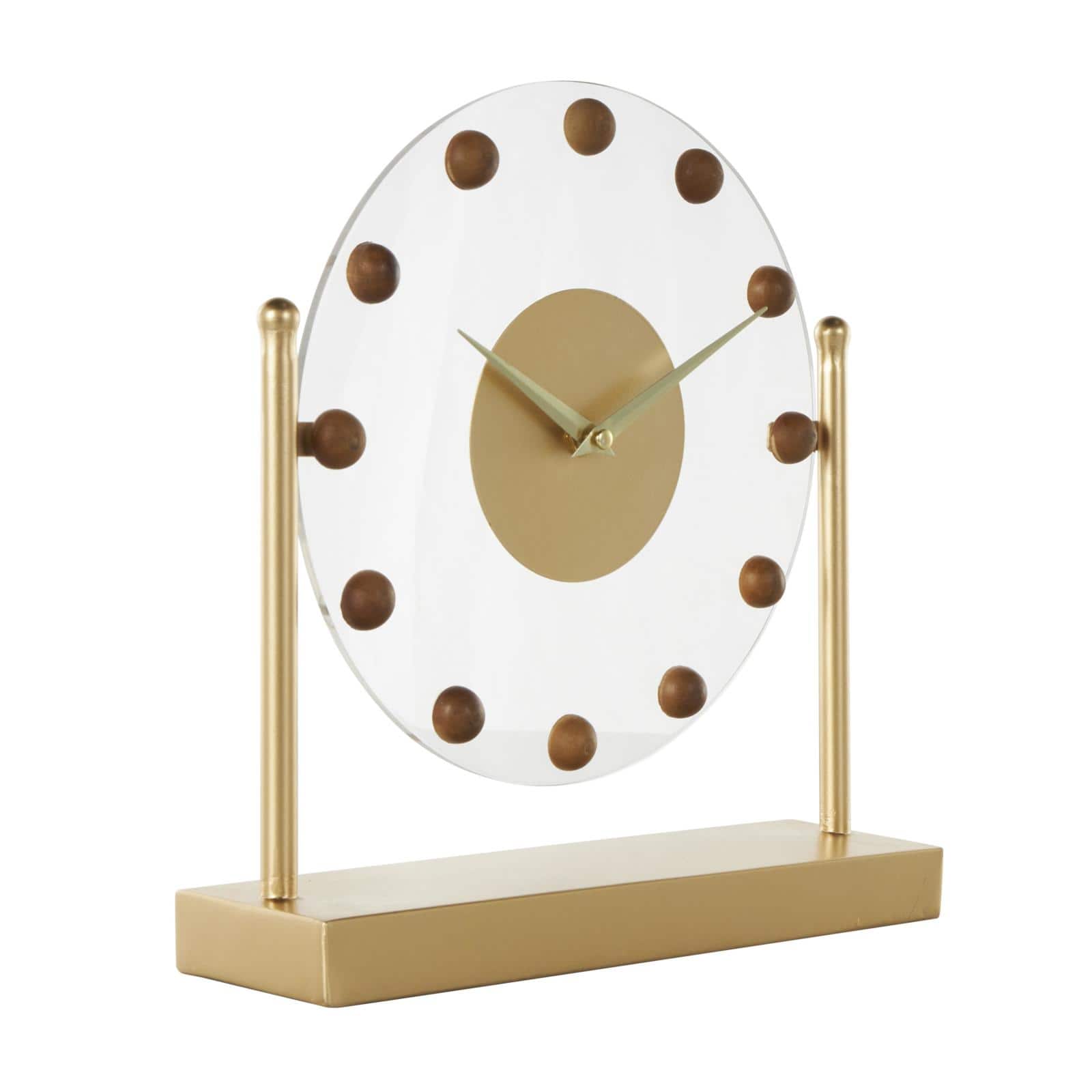 11.5" Gold Metal & Acrylic Face Decorative Clock with Wood Ball Accents
