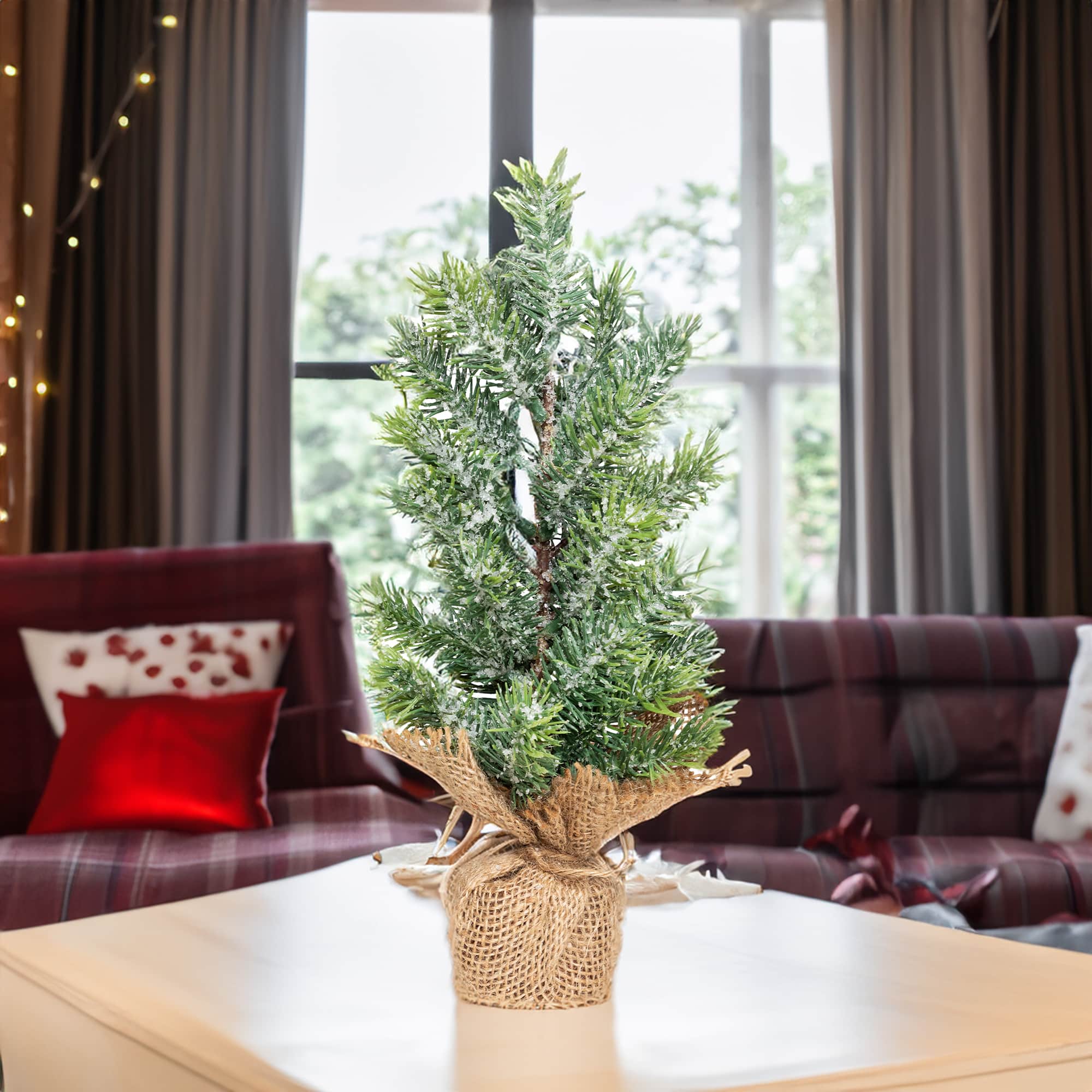 11.75" Unlit Frosted Icy Pine Christmas Tree in Burlap Base