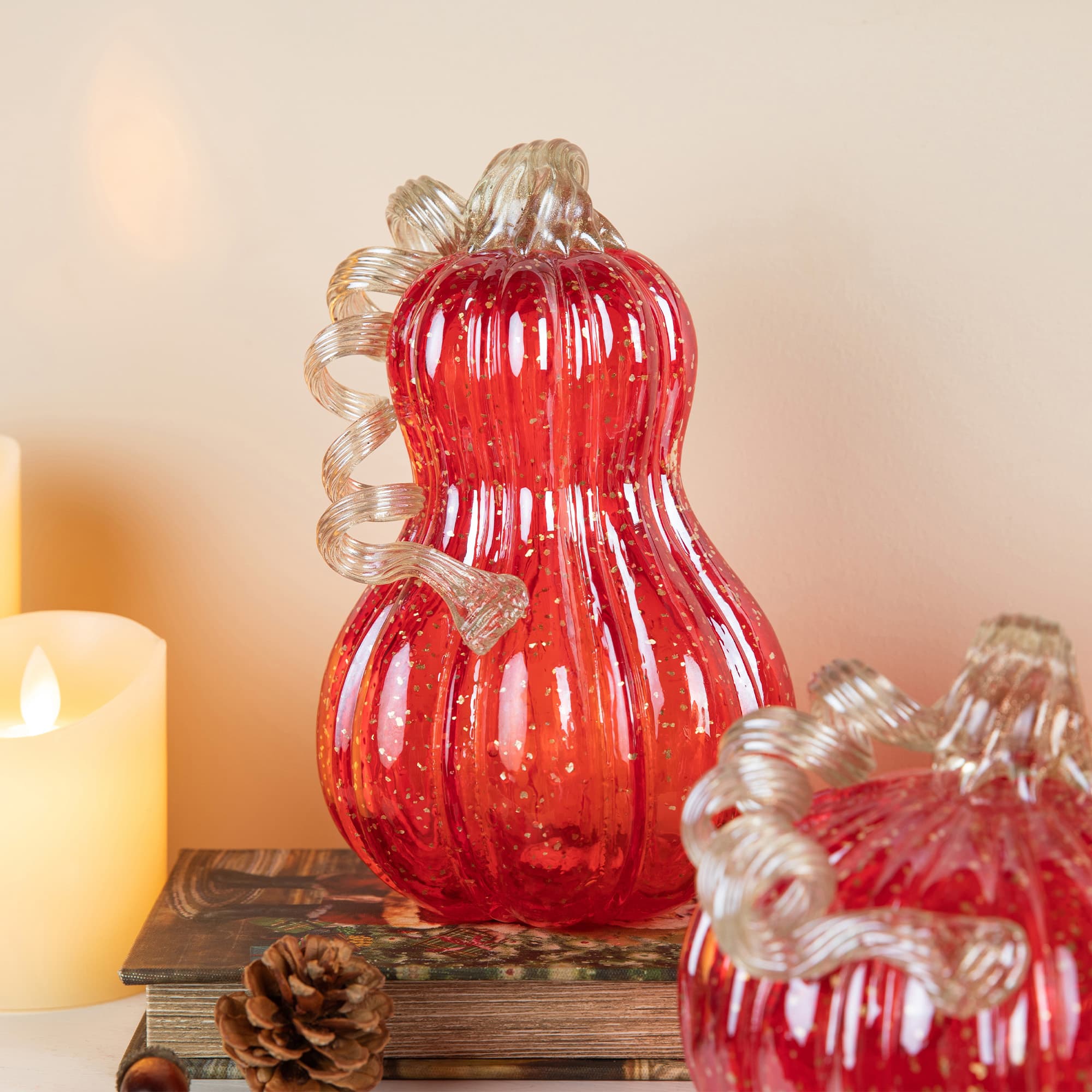 Glitzhome&#xAE; 8.5&#x22; Fall Red Glass Gourd with Glitter
