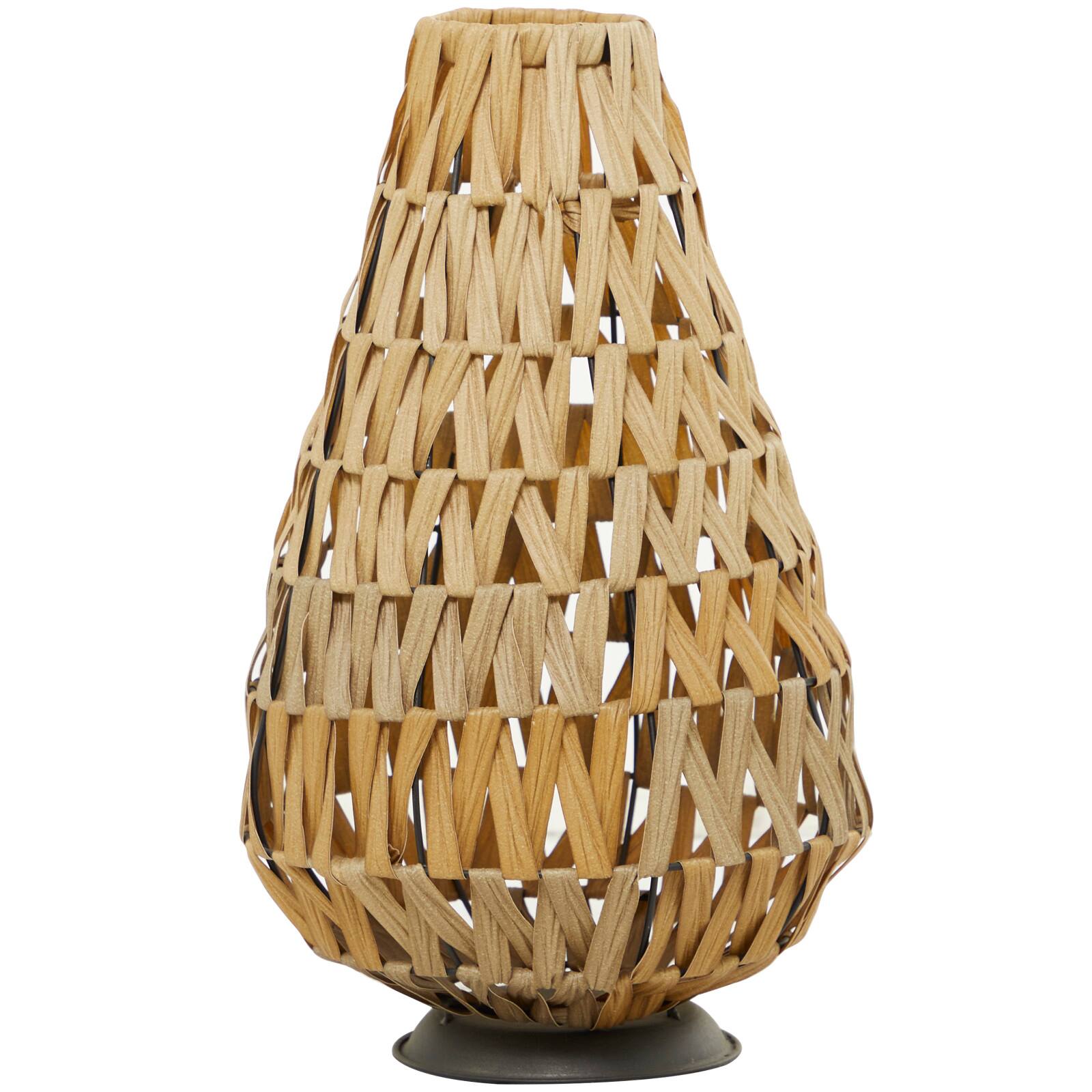 19" Light Brown Plastic Rattan Handmade Candle Lantern with Wrapped Zig Zag Design