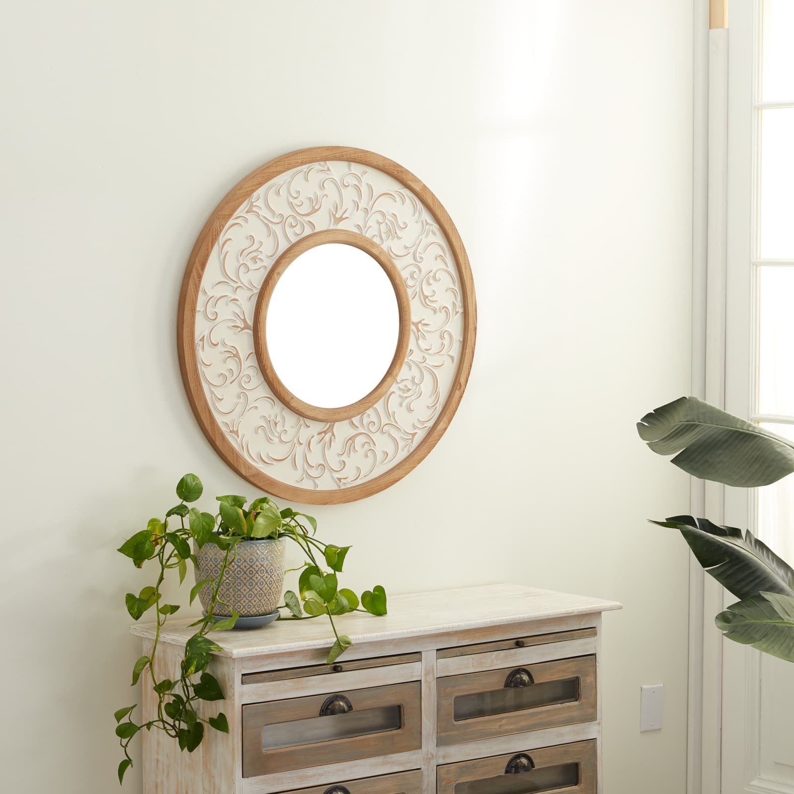 32&#x22; White Distressed Vintage Wood Round Wall Mirror
