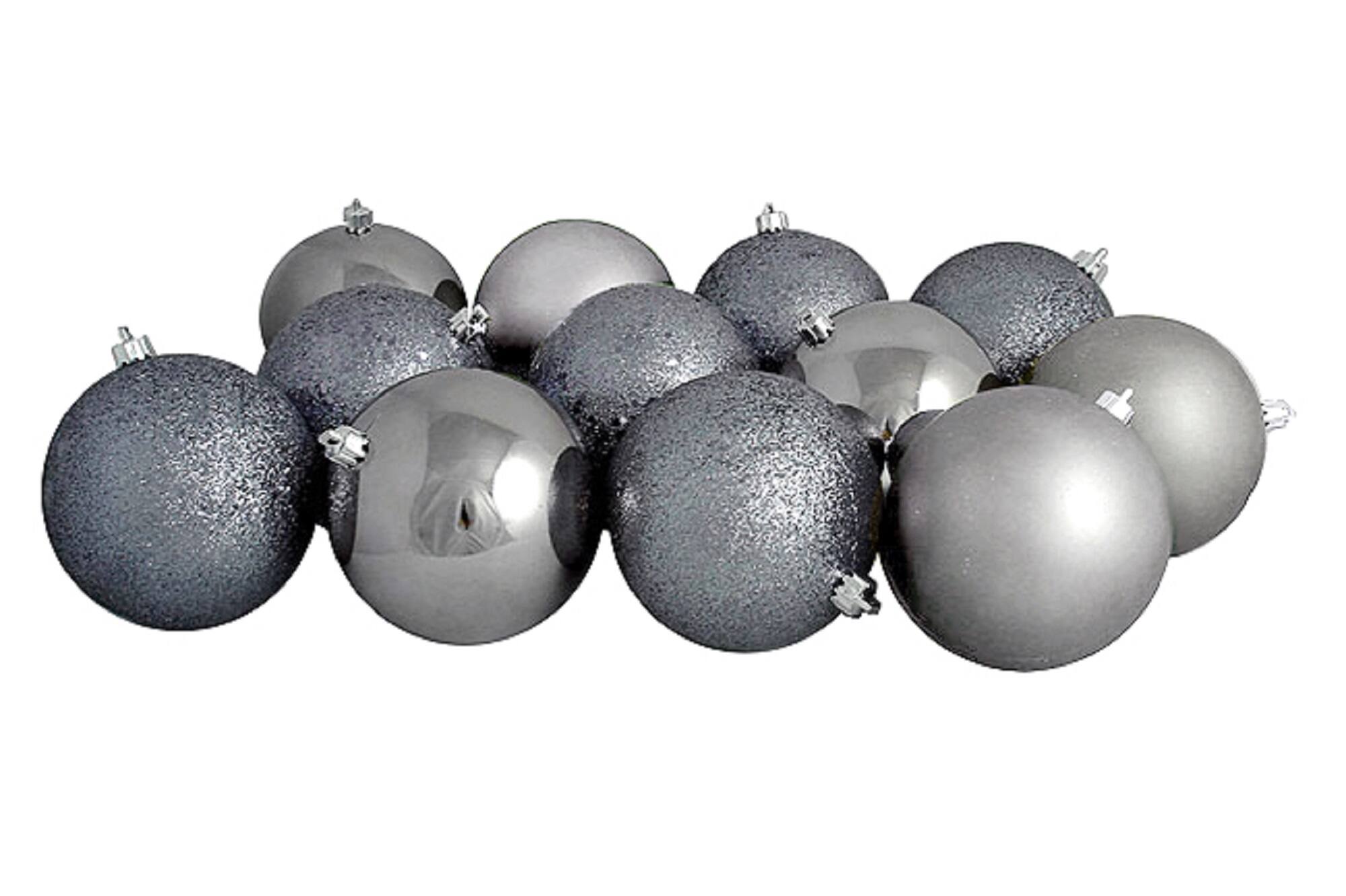 12ct. 4&#x22; 4-Finish Gray Shatterproof Ball Ornaments