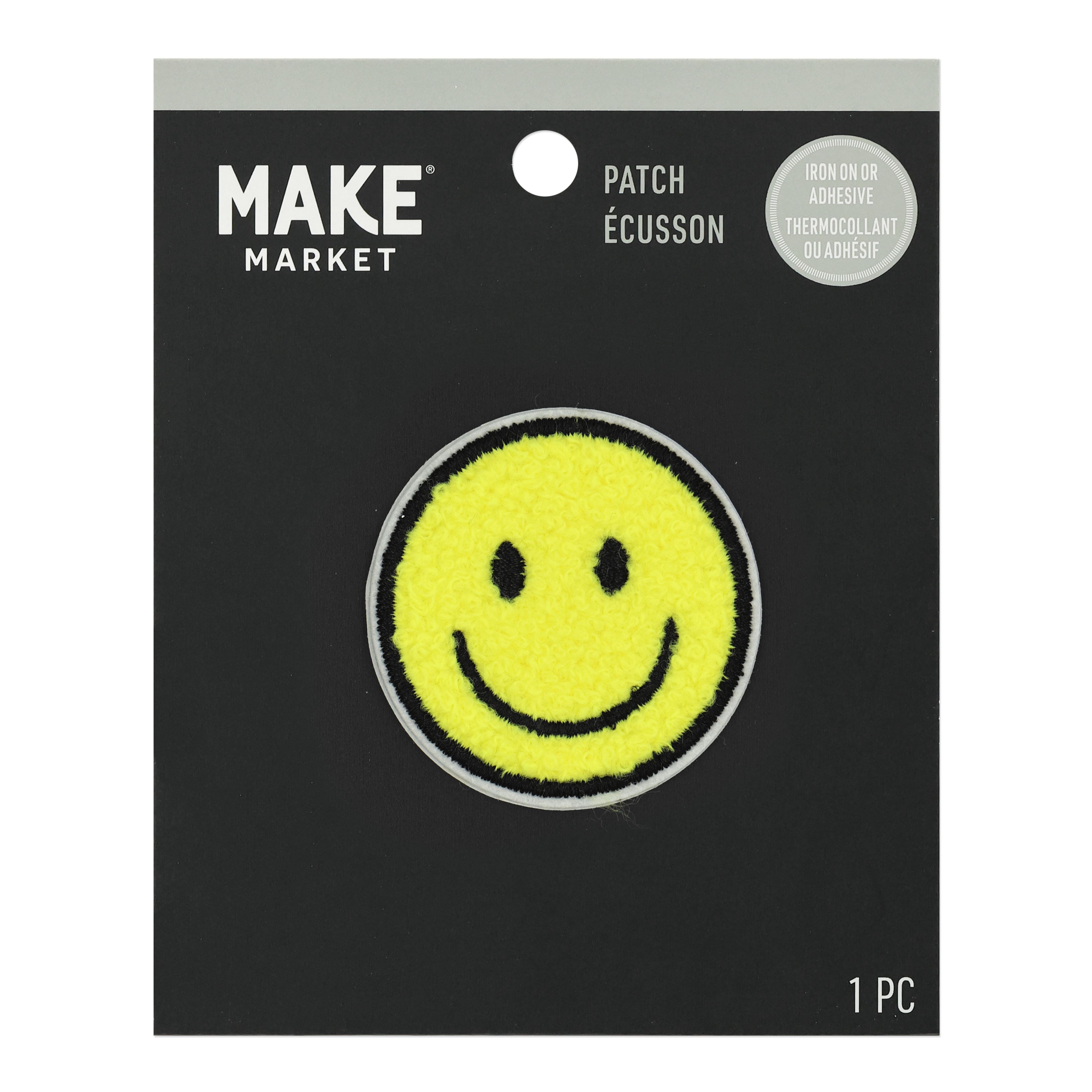 Yellow Smiley Face Iron On &#x26; Adhesive Patch by Make Market&#xAE;