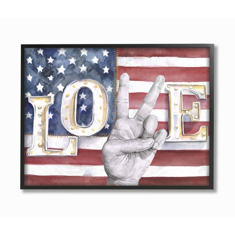 Stupell Industries Love Peace Sign Hand American Flag Design in Black Frame Wall Art