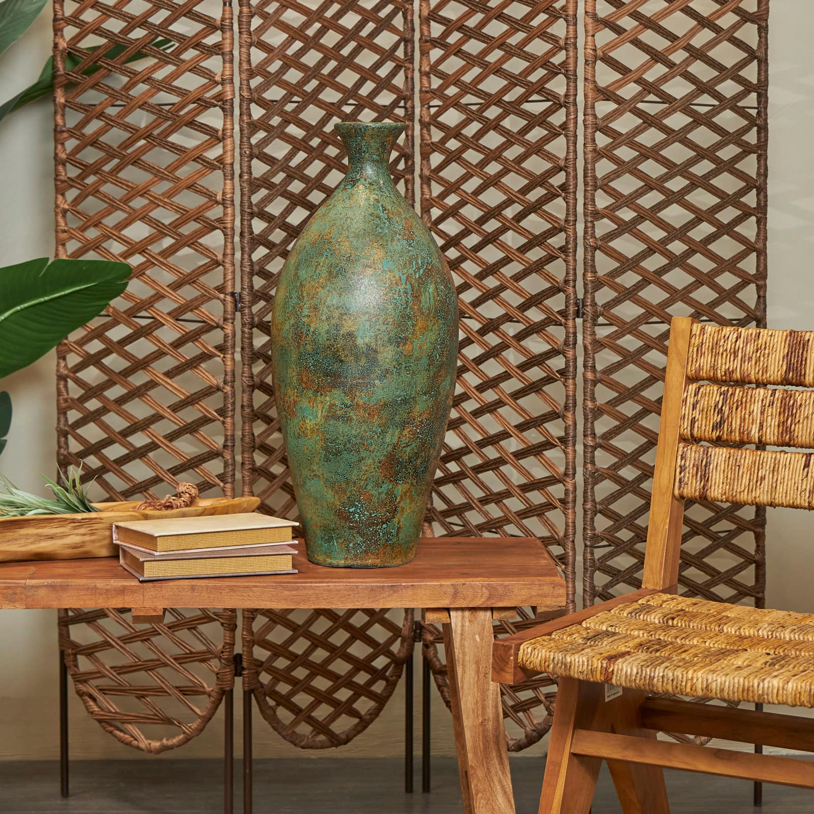 23.5" Rustic Green & Brown Antique-Style Ceramic Vase