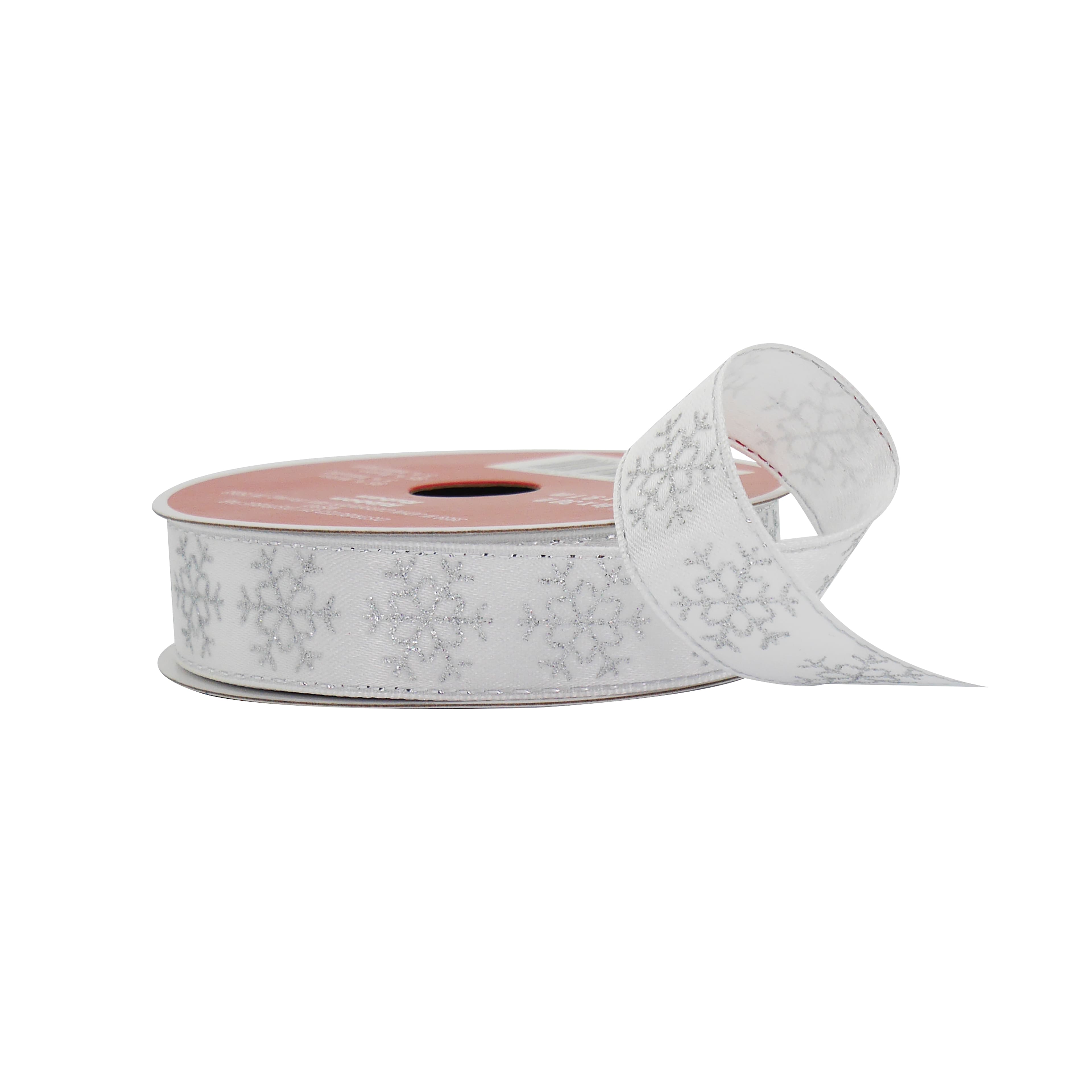 7/8&#x22; x 30ft. Silver Glitter Snowflake White Satin Ribbon by Celebrate It&#xAE;