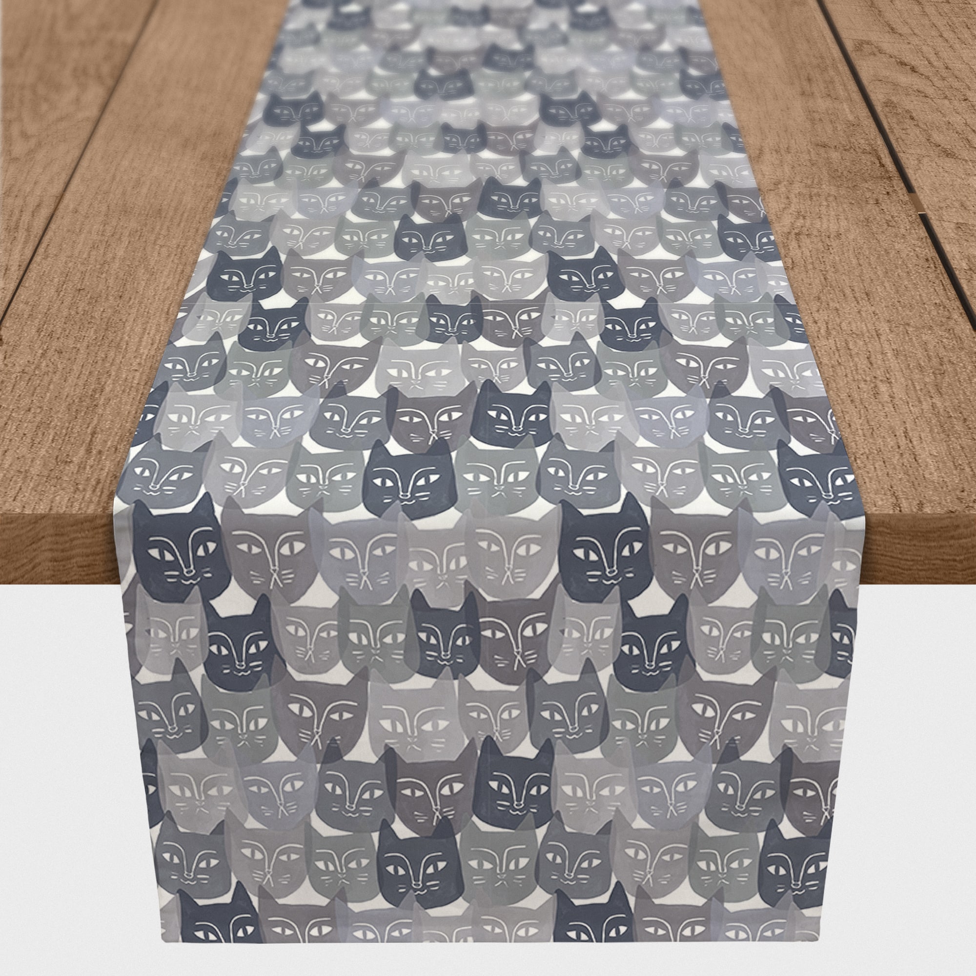 Gray Cat Face Pattern 16" x 72" Cotton Twill Runner