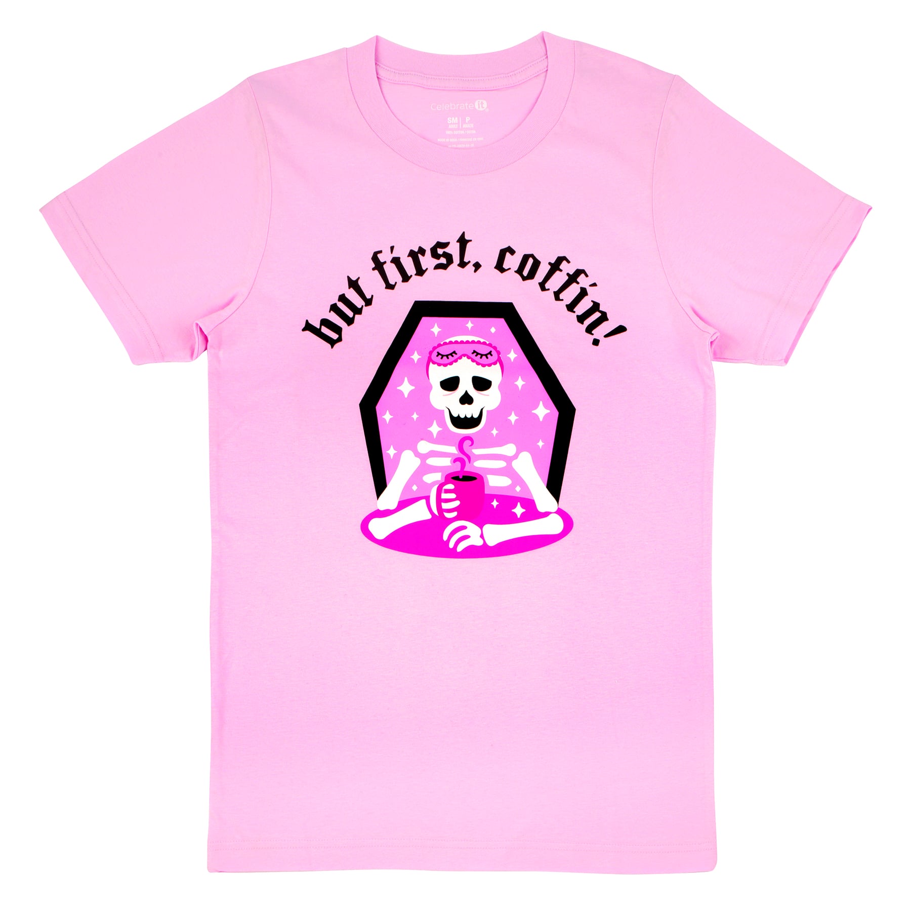 Pink But First, Coffin! Adult Crew Neck T-Shirt by Celebrate It&#x2122;