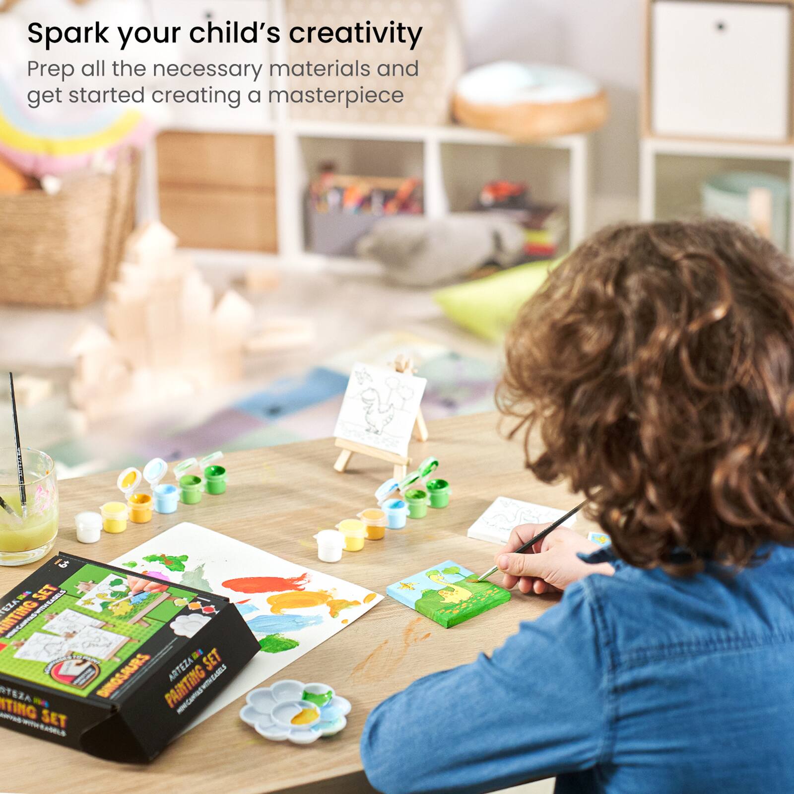 Arteza® Kids Canvas Paint Kit, 4 Mini Canvas- 3 x 3 with Easel, Dinosaurs