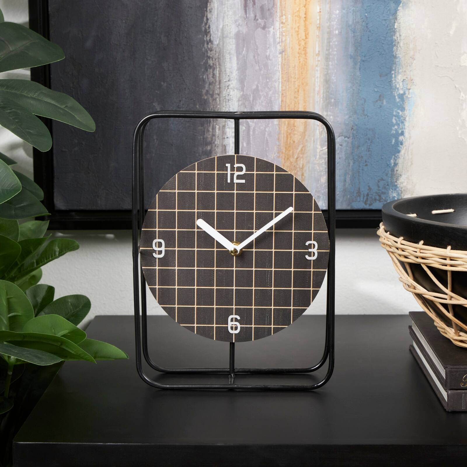 10&#x22; Black Metal Geometric Open Frame Clock with Grid Patterned Clockface