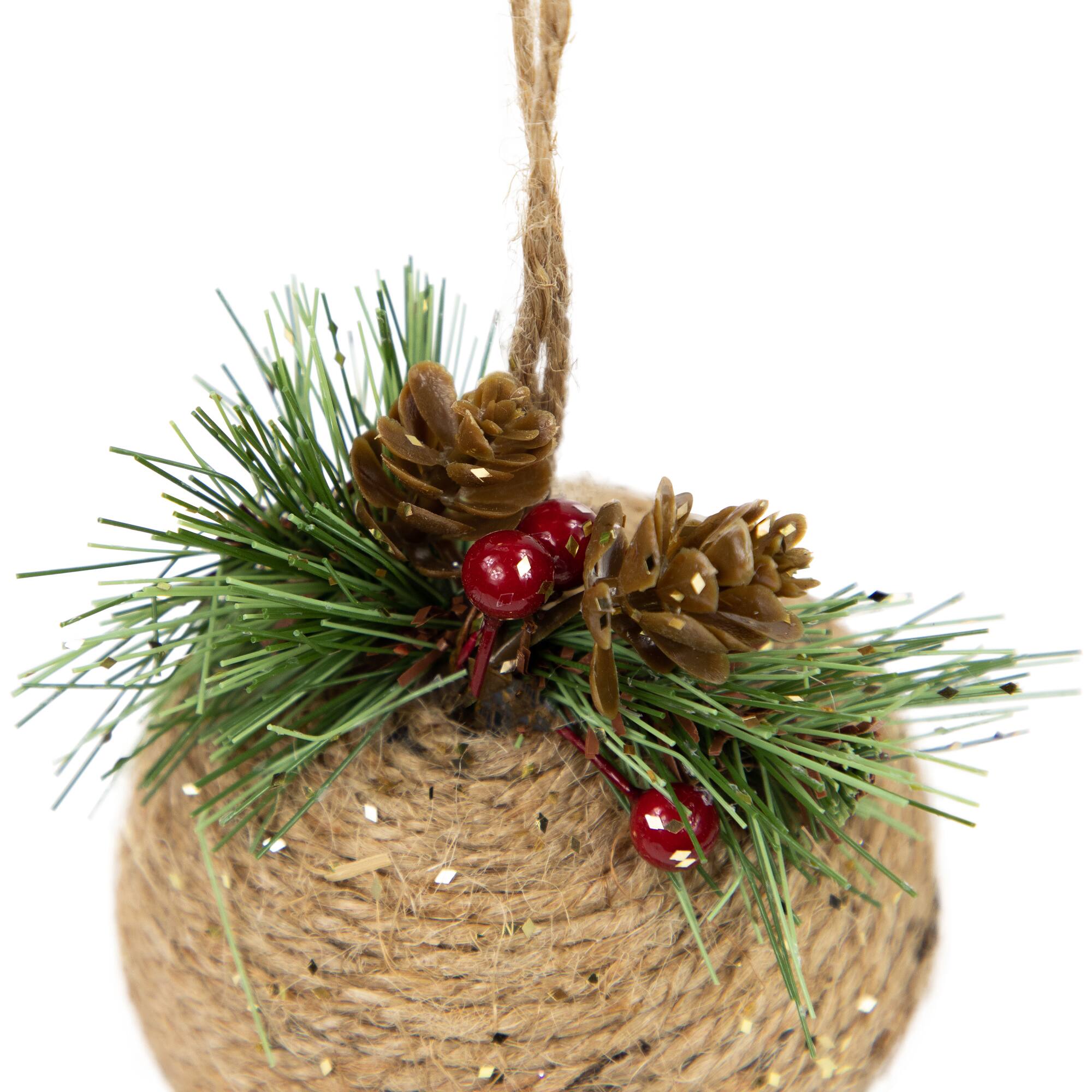 5" Green Rustic Pinecone & Holly Berry Jingle Bell Ornament