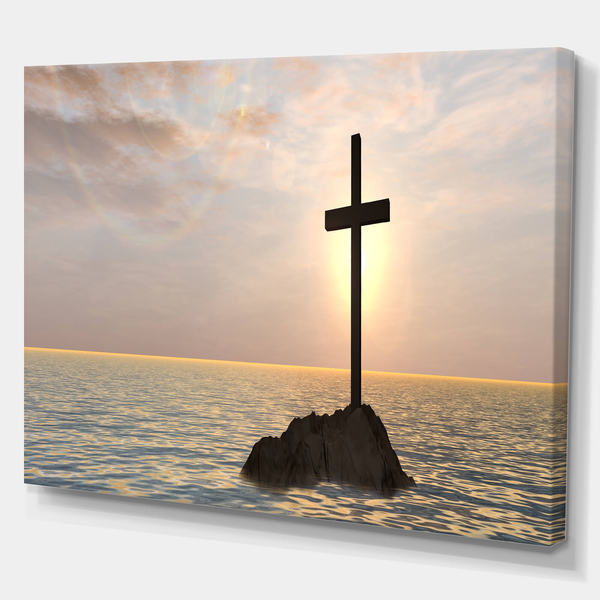 Designart - Jesus Christian Cross in Bay View - Religious Art on Wrapped Canvas