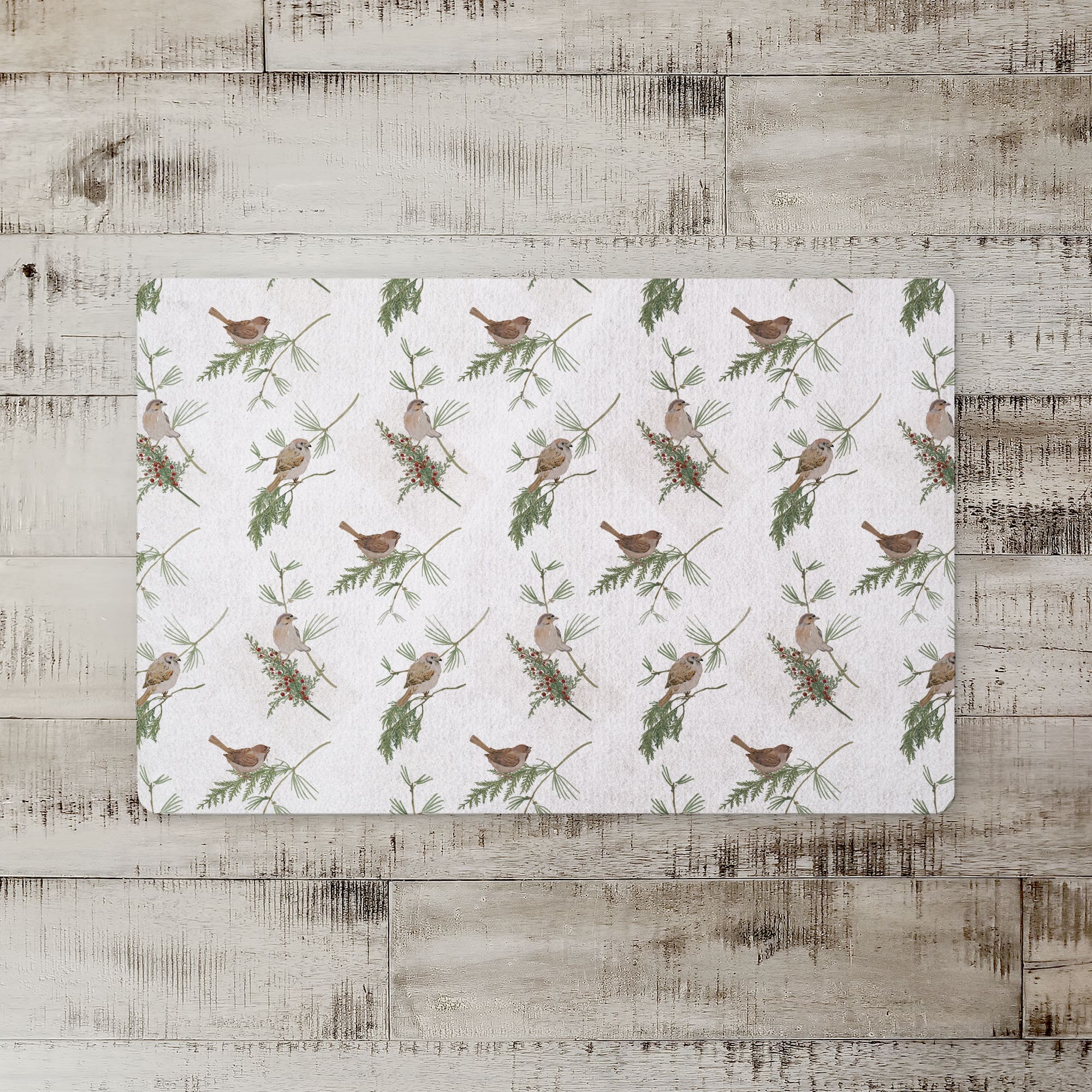 Pine &#x26; Birds on White Floor Mat