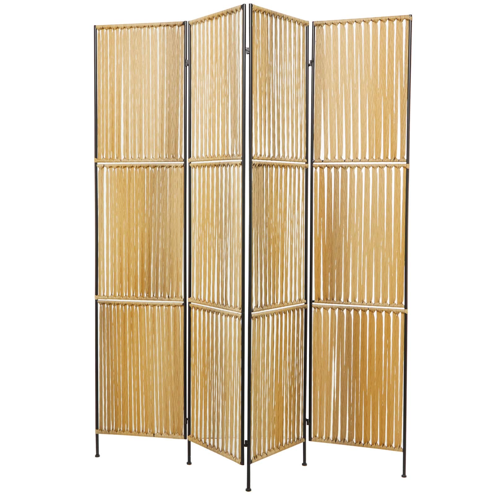 Light Brown Rattan Handmade Hinged Foldable Partition 4 Panel Room Divider Screen with Wrapped Seagrass Design 63" x 1" x 71"