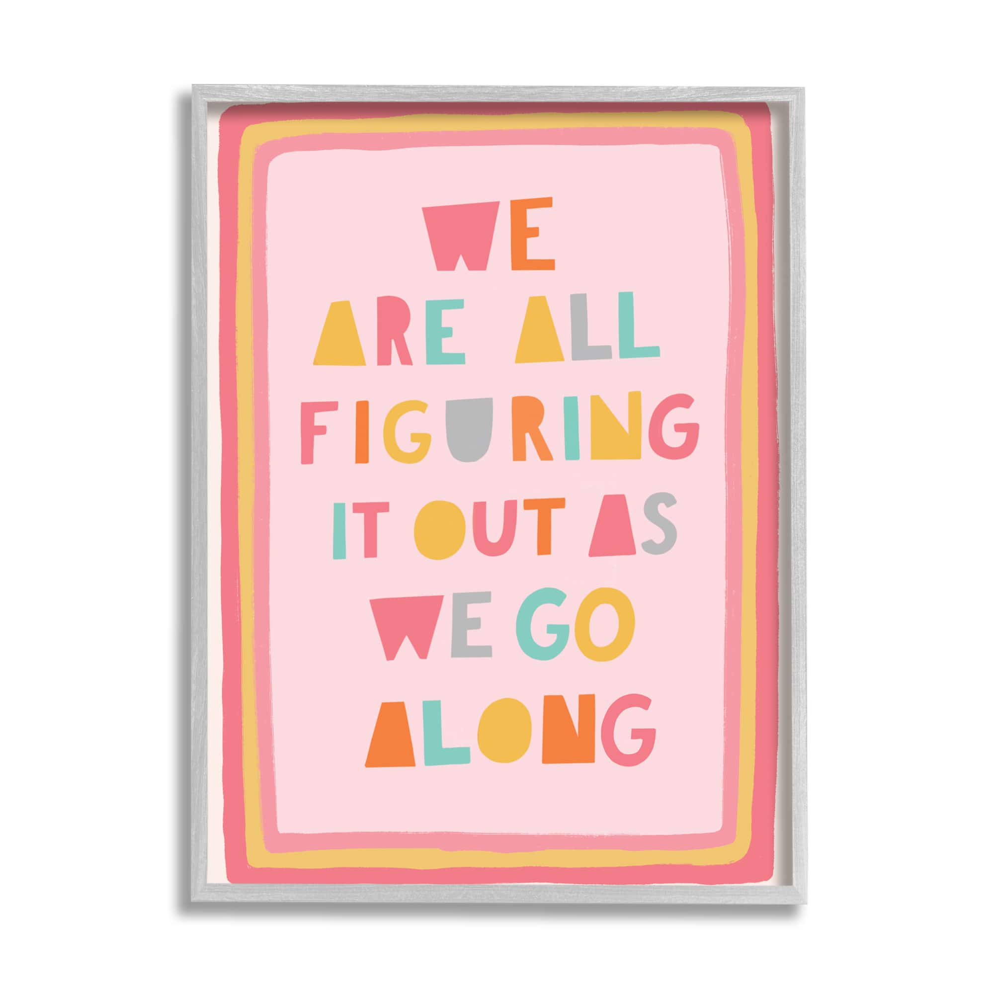 Stupell Industries Figuring Out as We Go Phrase Playful Pink Shapes in Gray Frame Wall Art