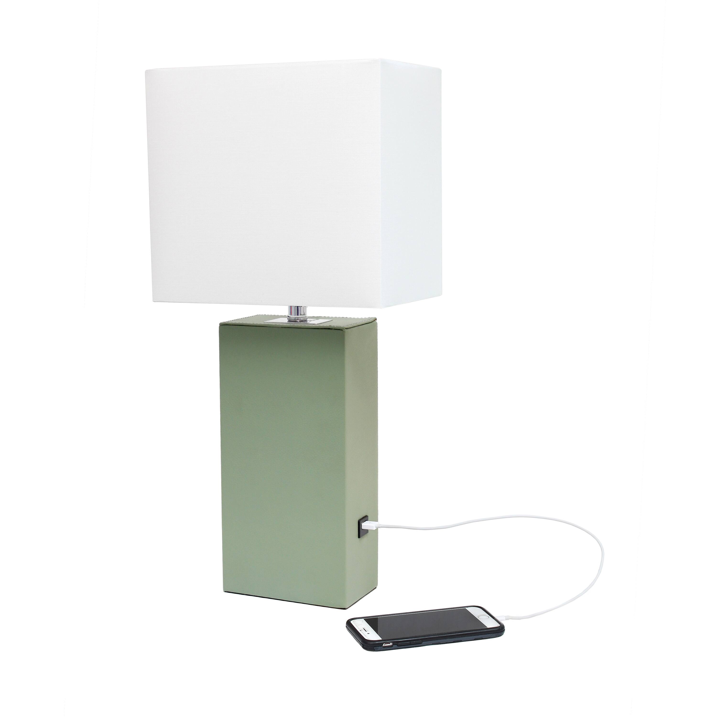 Lalia Home Lexington 21&#x22; Sage Green Leather Base Table Lamp with USB Port