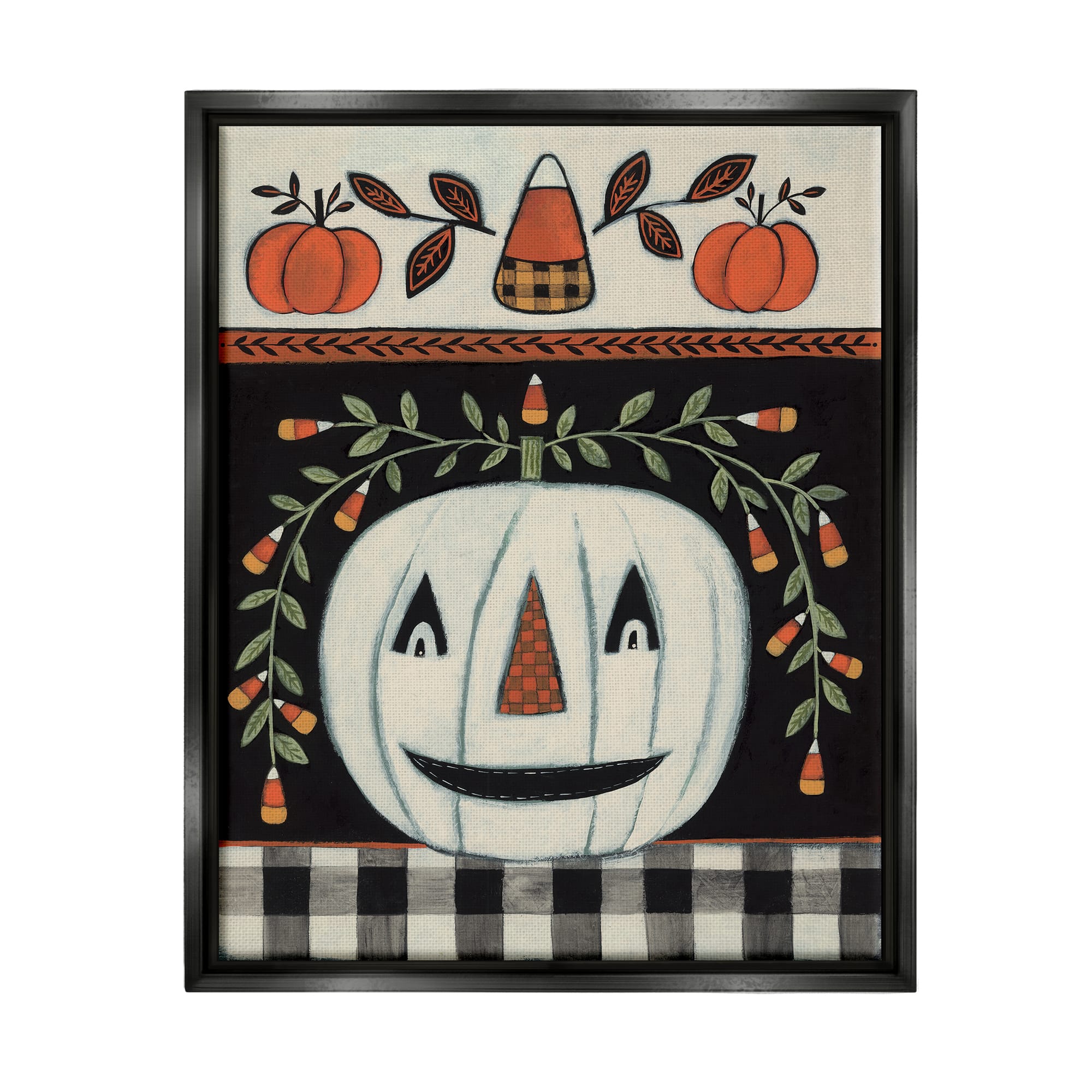 Stupell Industries Fall Jack-o-Lantern Tartan Pattern Framed Floater Canvas Wall Art