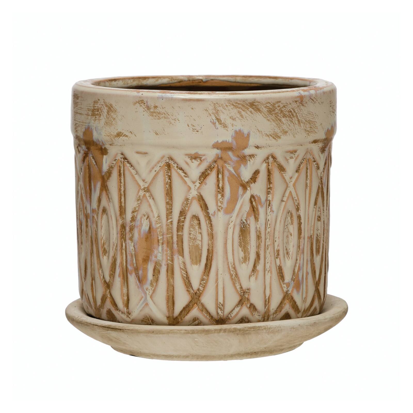 Hello Honey® 6'' Debossed Terra-Cotta Planter with Pattern and Saucer