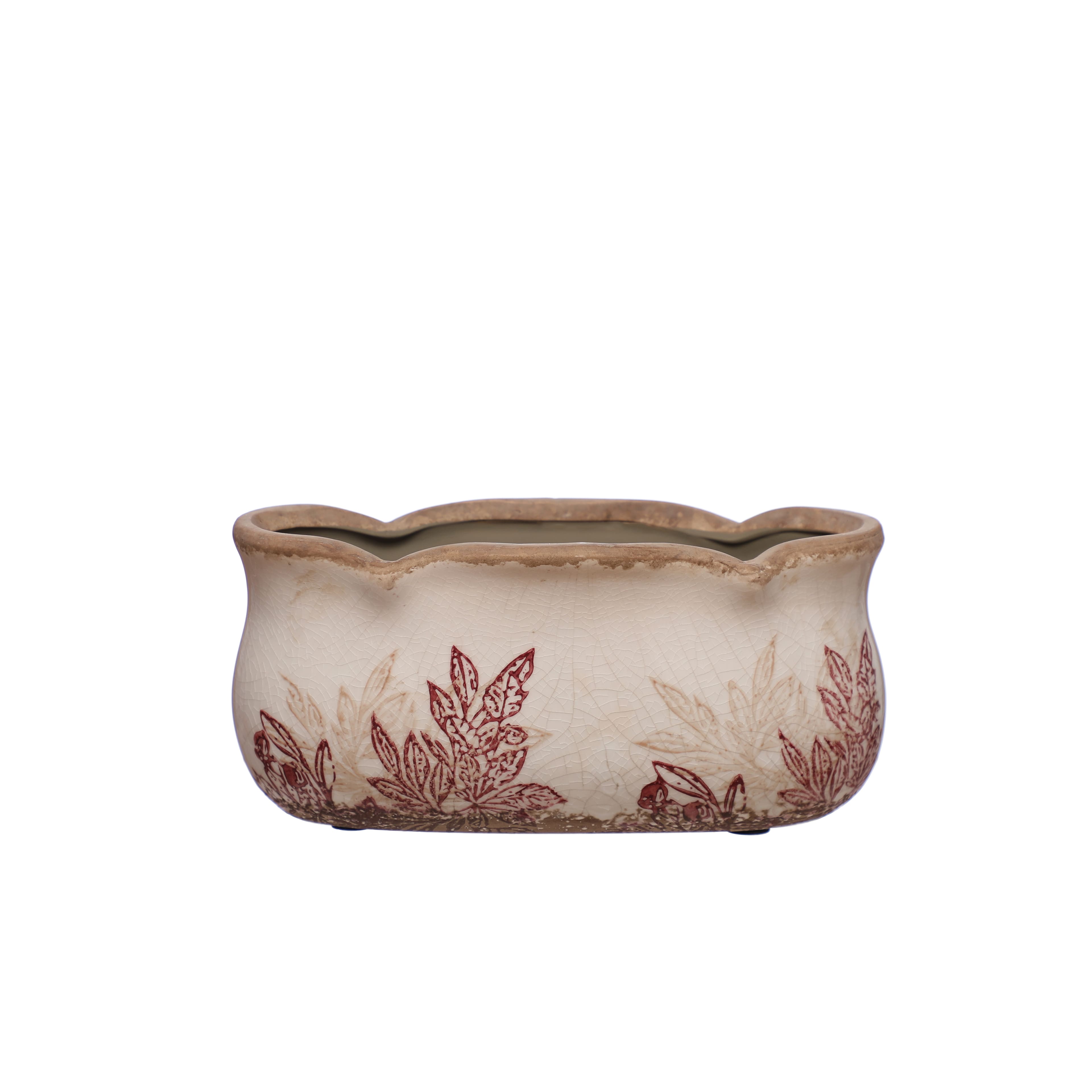 7.25" Burgundy & Cream Floral Cracked Ceramic Planter by Ashland®