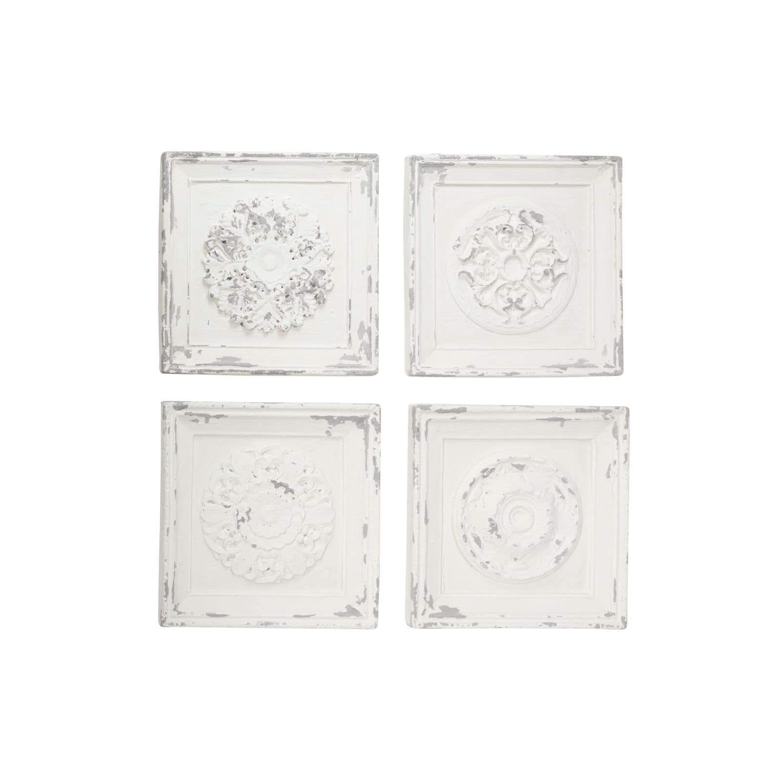 Set of 4 White Fiberglass Vintage Floral Wall Decor, 19&#x22; x 19&#x22;