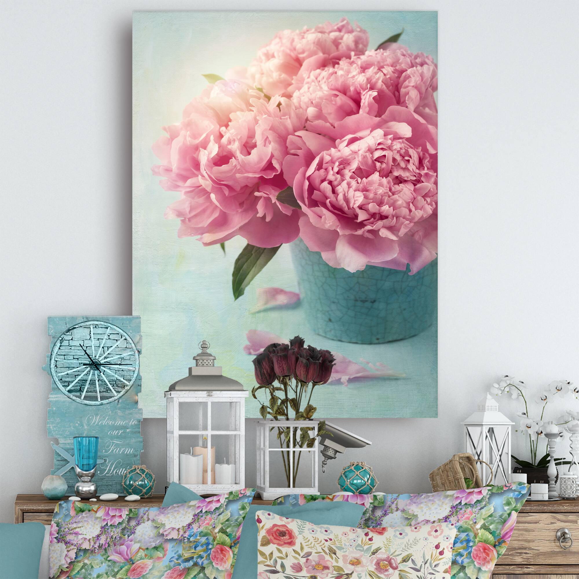 Designart - Pink Peony Flowers in Vase - Large Floral Wall Art Canvas