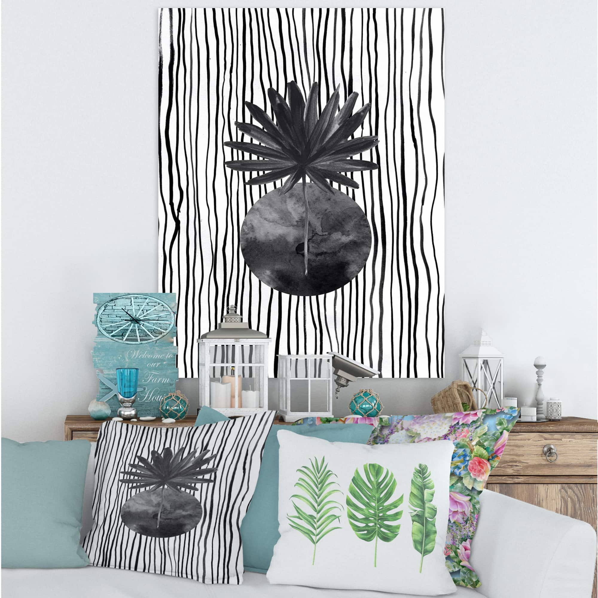 Designart - Black and White Tropical Leaf On Striped I