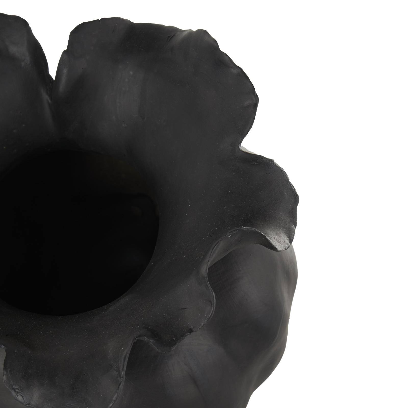 8.75&#x22; Black Ceramic Abstract Wide Rounded Floral Shaped Decorative Vase with Petal Rim