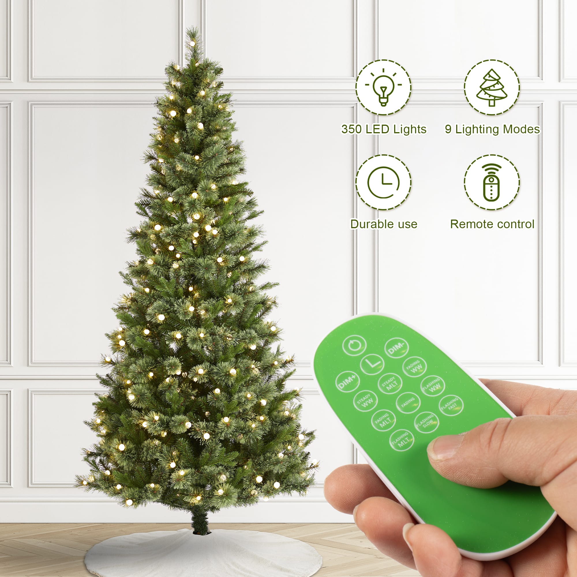 Glitzhome&#xAE; 7.5ft Pre-Lit Green Cashmere Slim Pine Artificial Christmas Tree, Multicolor LED Lights