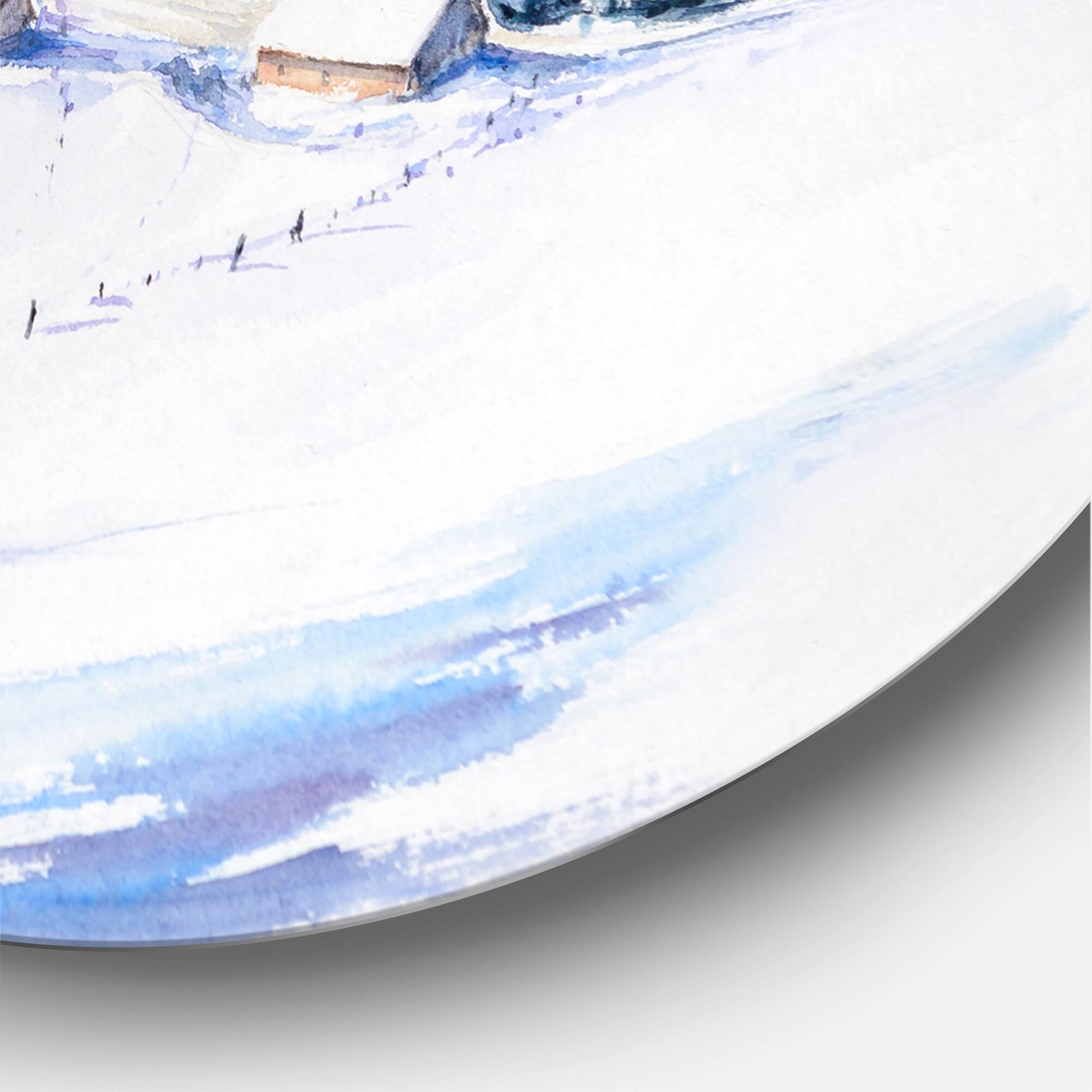 Designart - Winter Mountain Landscape With Wooden House - Traditional Metal Circle Wall Art